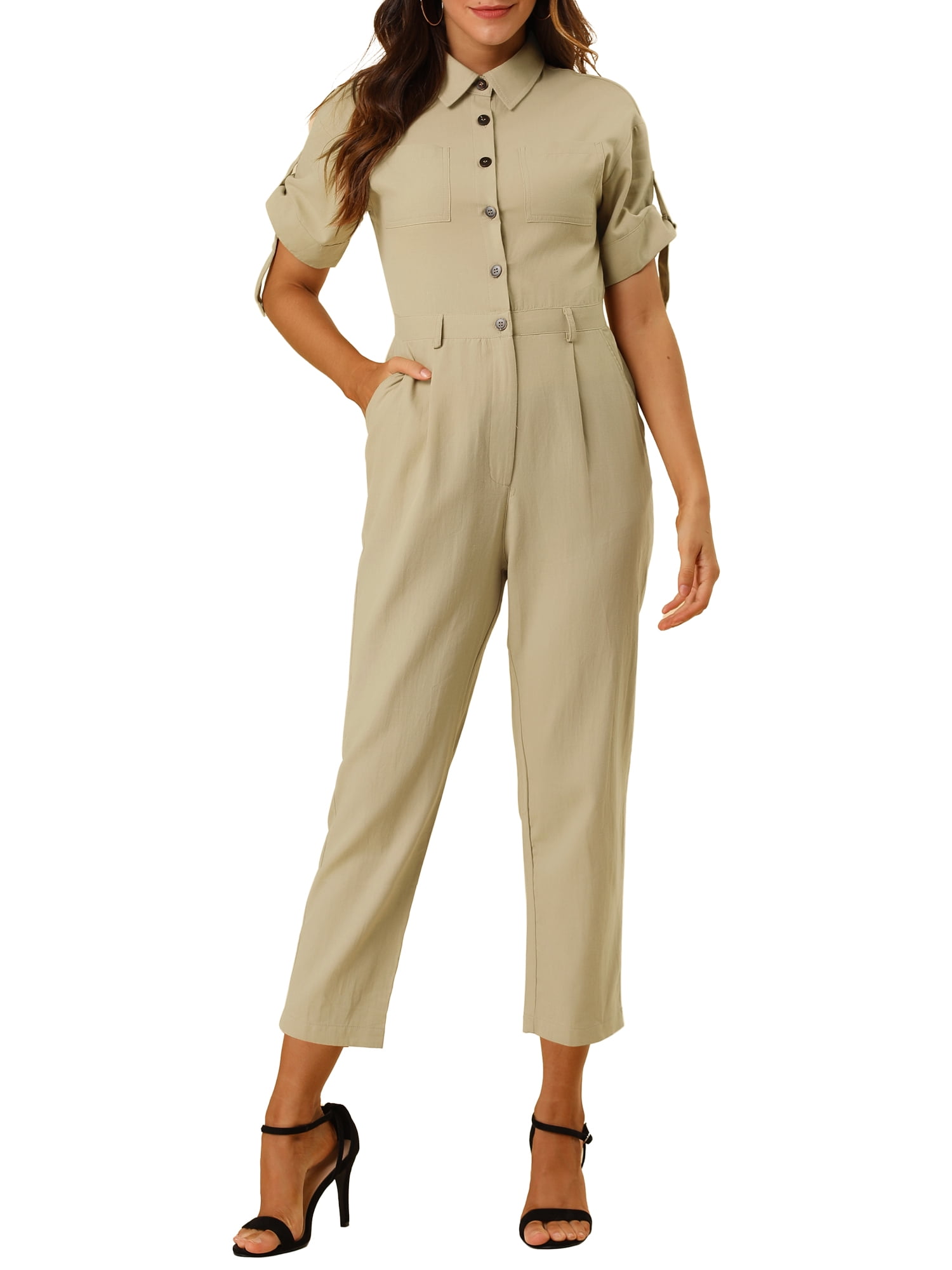 DARING DIVA Women's Button Up Tie Waist Jumpsuit with Pockets S Khaki