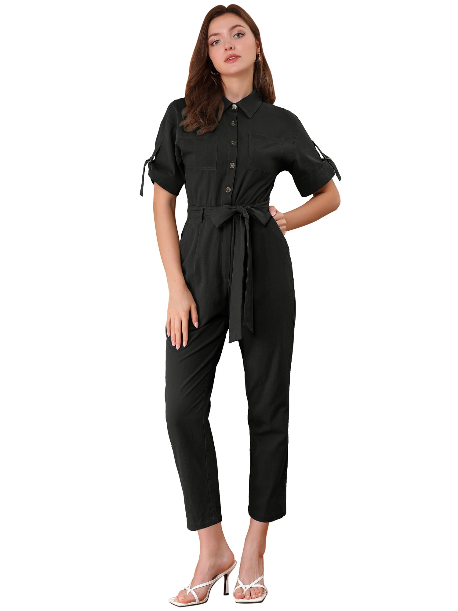 DARING DIVA Women's Button Up Tie Waist Jumpsuit with Pockets XL Black