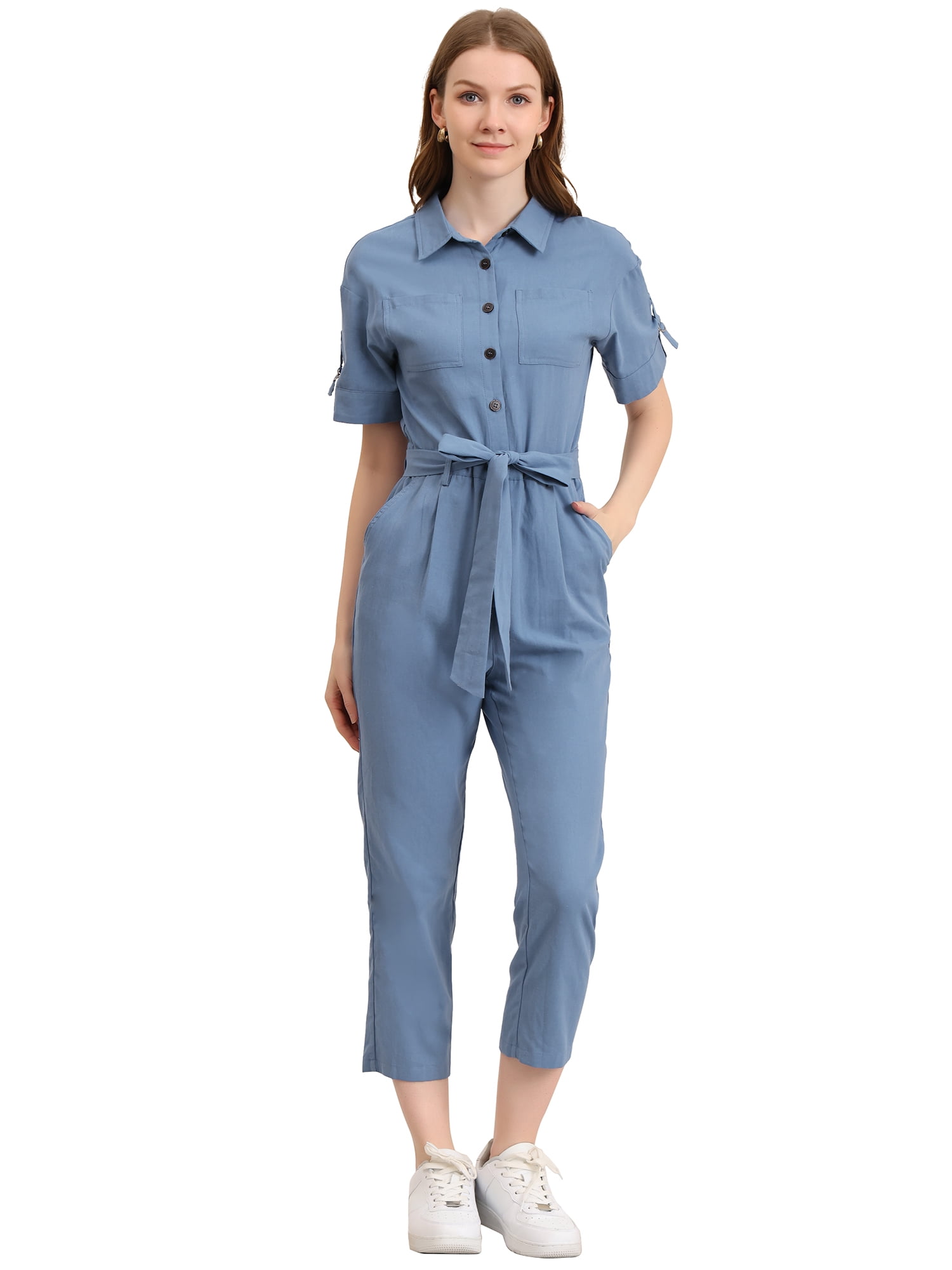 DARING DIVA Women's Button Up Tie Waist Jumpsuit with Pockets XL Blue