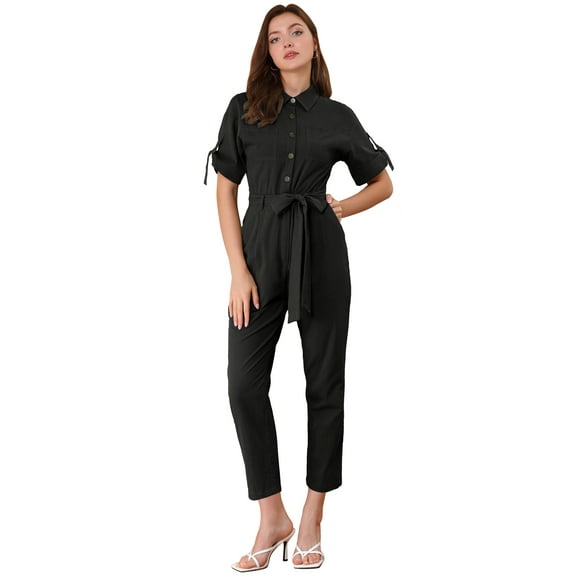 DARING DIVA Women's Button Up Tie Waist Jumpsuit with Pockets XS Black