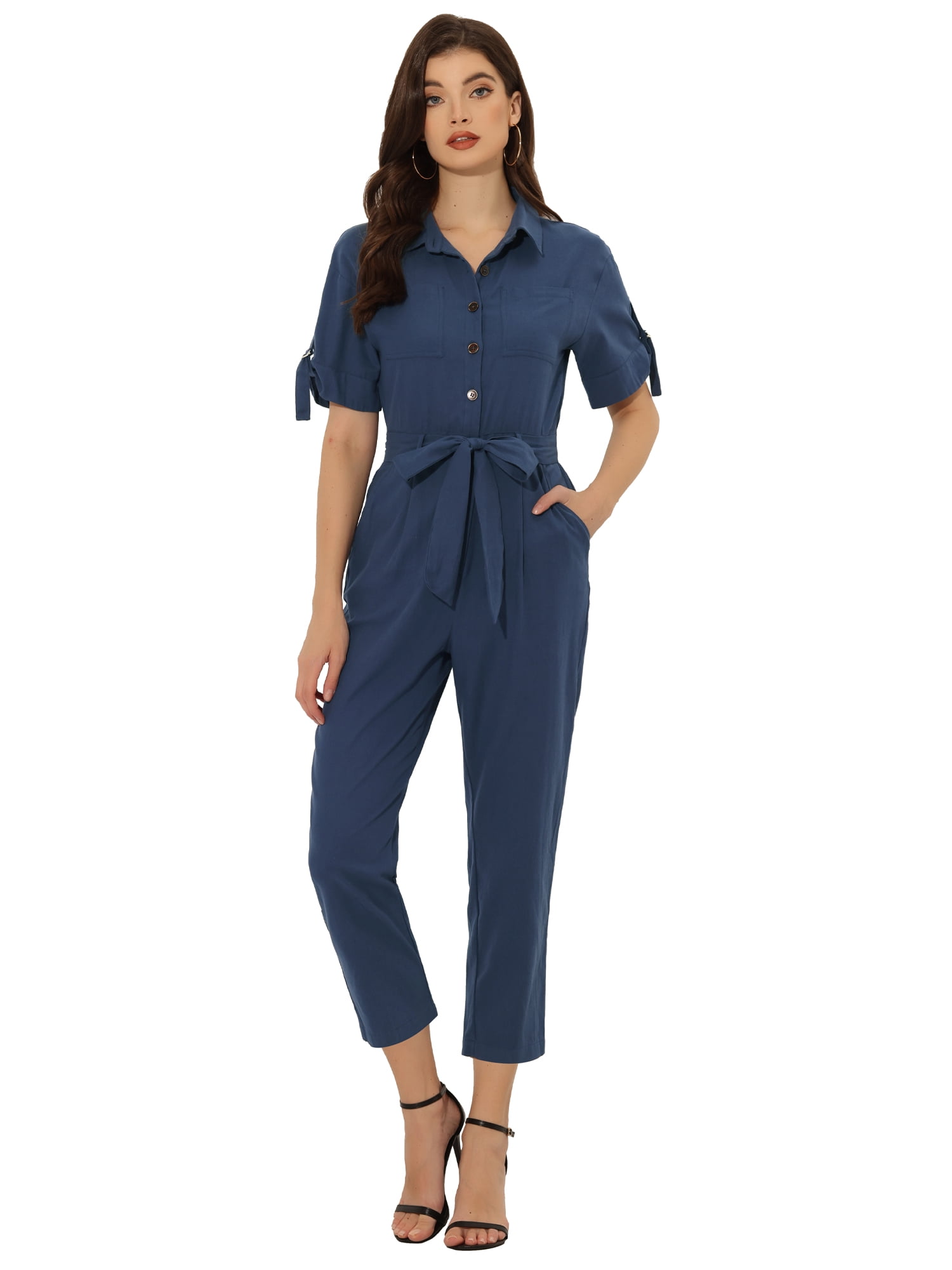 DARING DIVA Women's Button Up Tie Waist Jumpsuit with Pockets XS Dark Blue