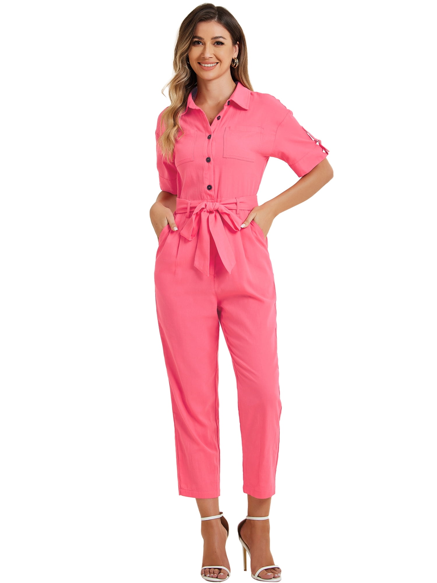 DARING DIVA Women's Button Up Tie Waist Jumpsuit with Pockets XS Watermelon Red