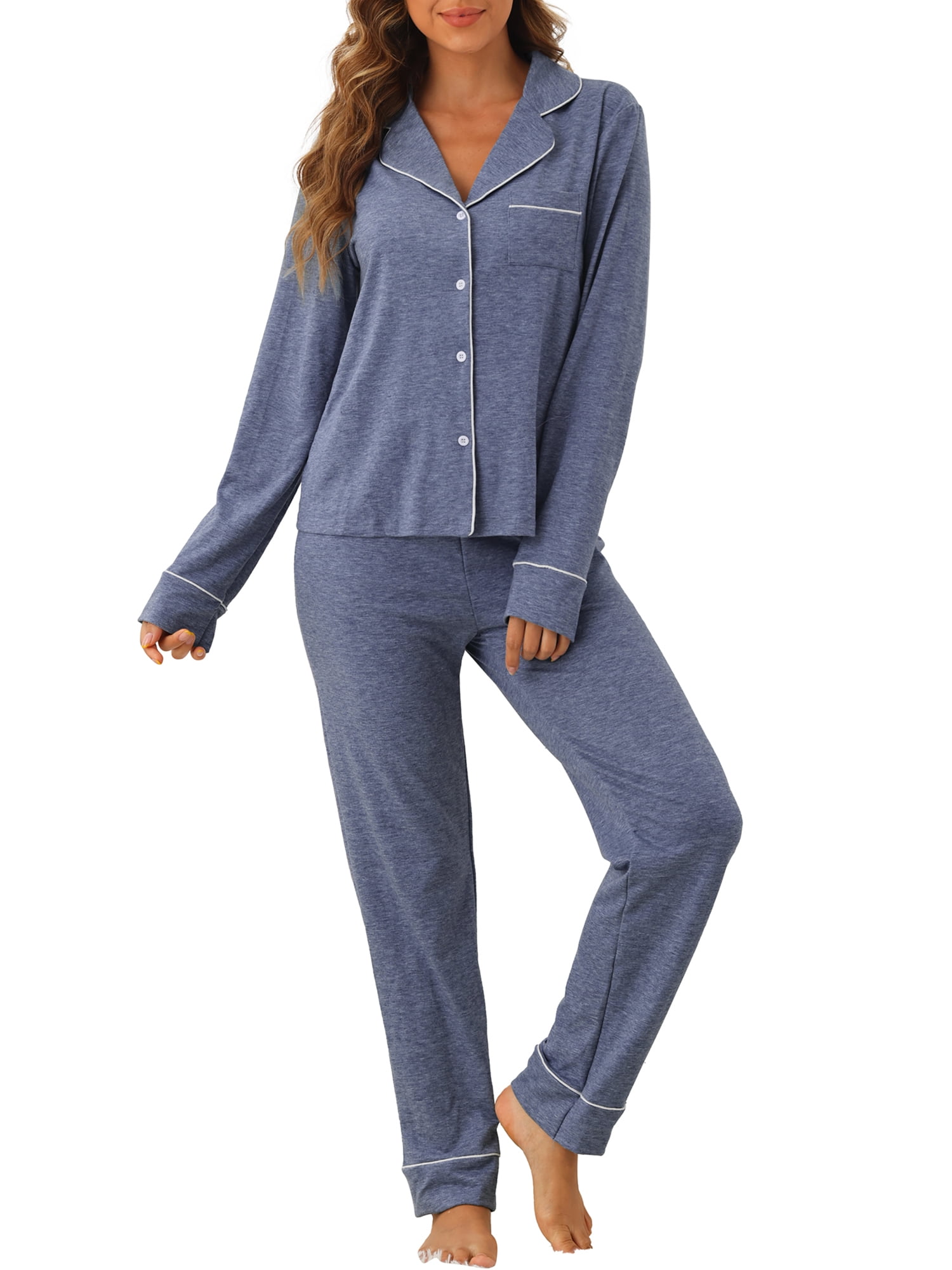 DARING DIVA Women's Button Up Tops with Pants Pajama Sets L Dark Blue