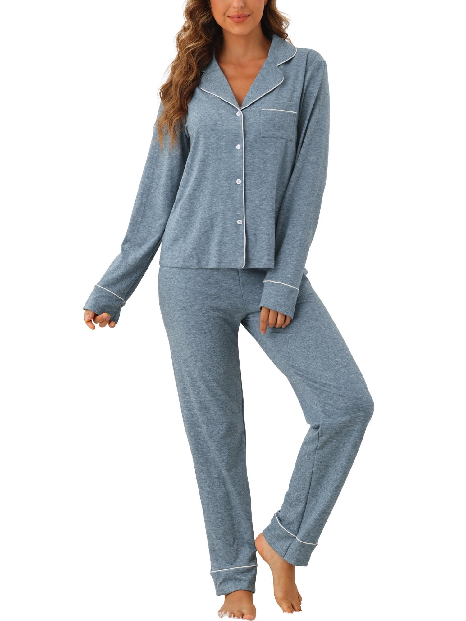 DARING DIVA Women's Button Up Tops with Pants Pajama Sets S Blue