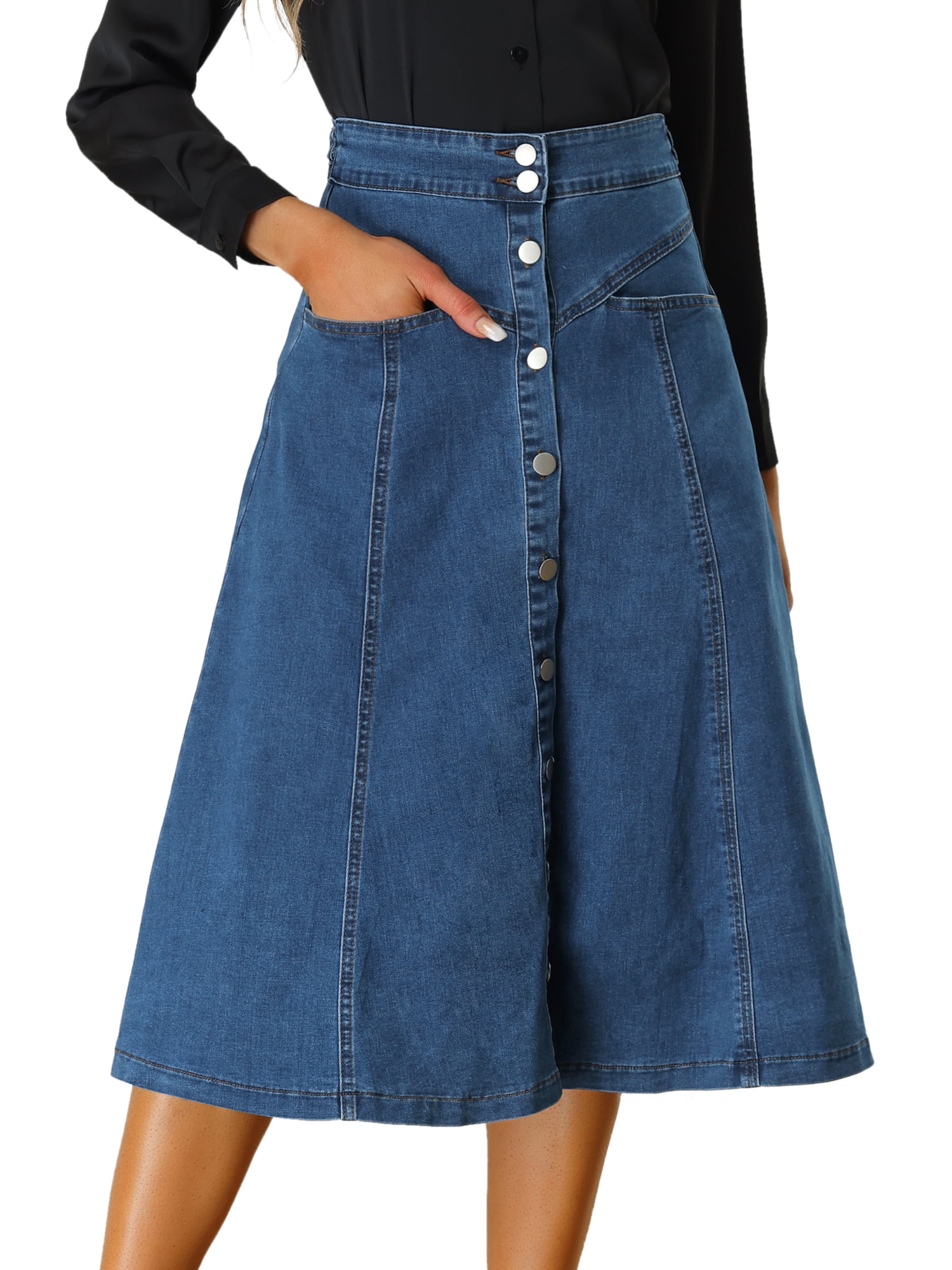 DARING DIVA Women's Buttons Front A-Line Flowy Midi Skirts with Pocket L Blue