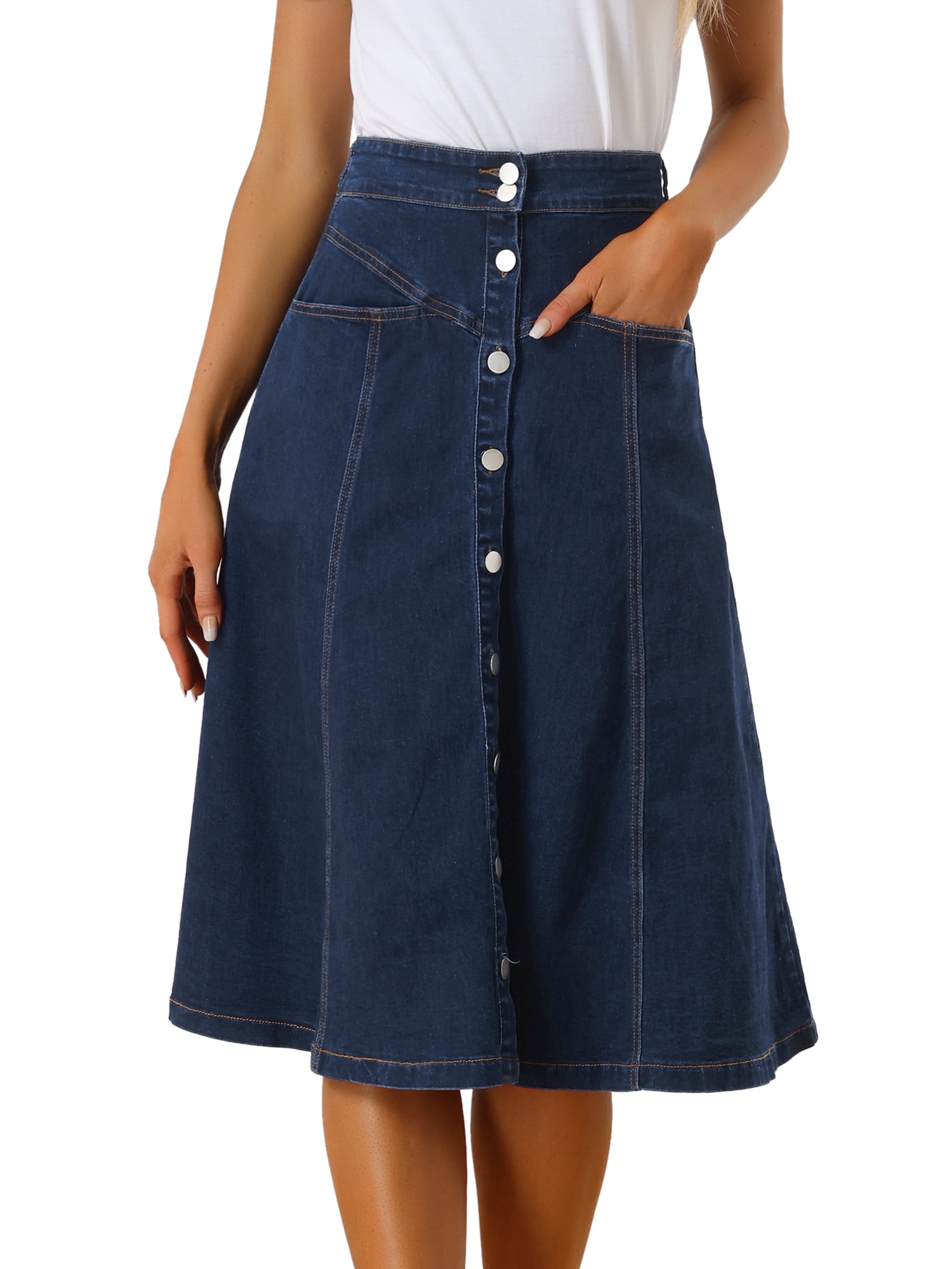 DARING DIVA Women's Buttons Front A-Line Flowy Midi Skirts with Pocket L Dark Blue