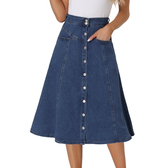DARING DIVA Women's Buttons Front A-Line Flowy Midi Skirts with Pocket M Medium Blue