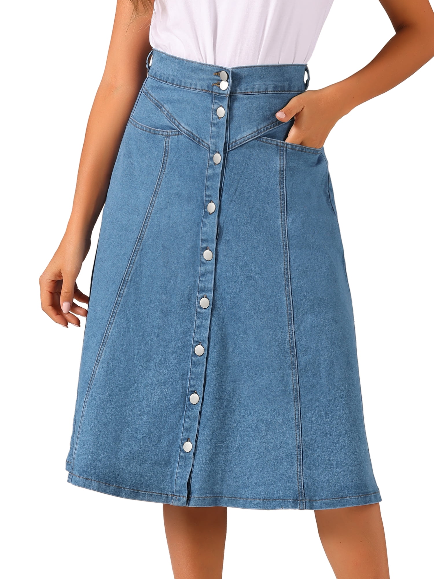 DARING DIVA Women's Buttons Front A-Line Flowy Midi Skirts with Pocket XL Light Blue