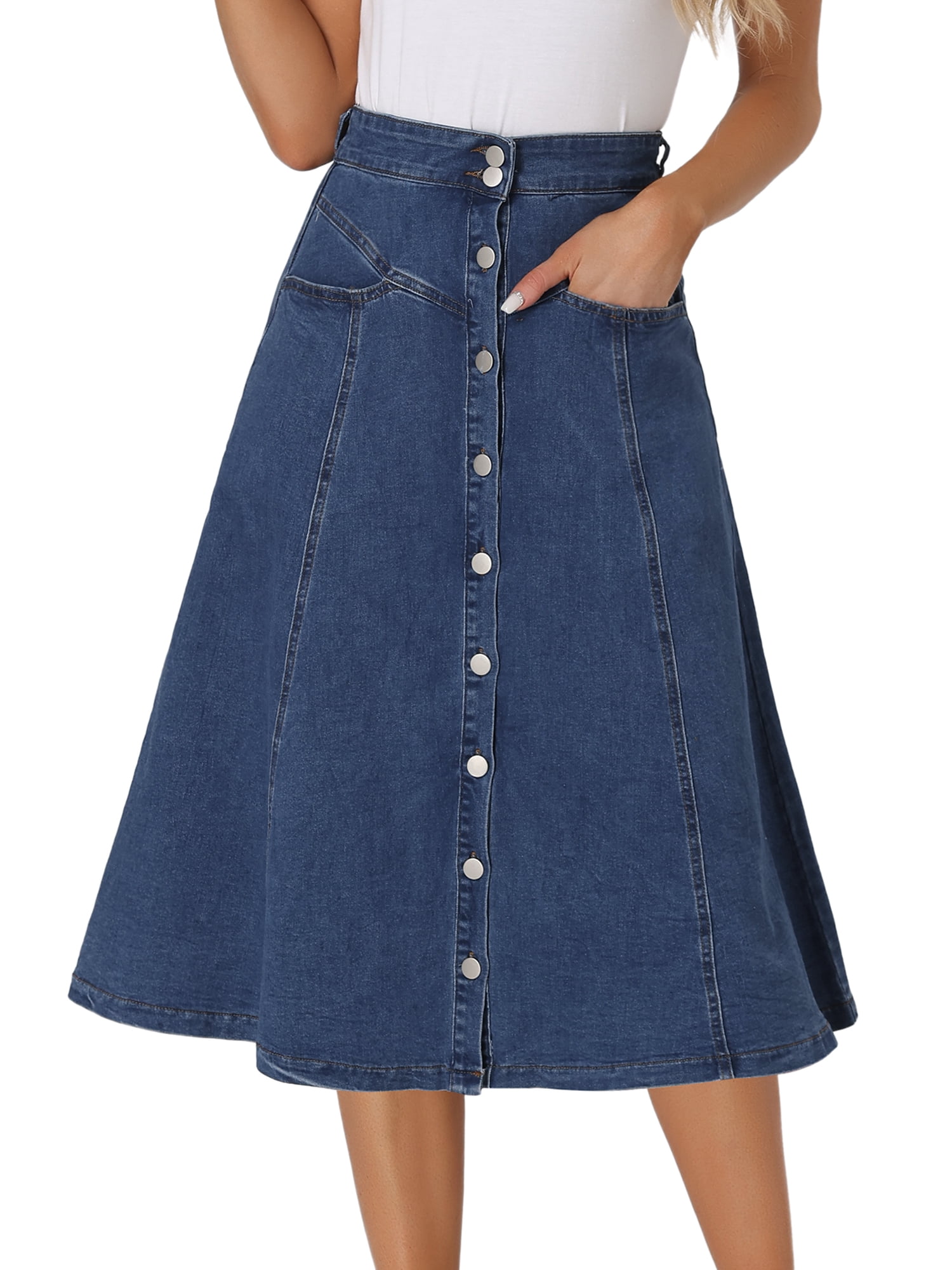 DARING DIVA Women's Buttons Front A-Line Flowy Midi Skirts with Pocket XS Medium Blue