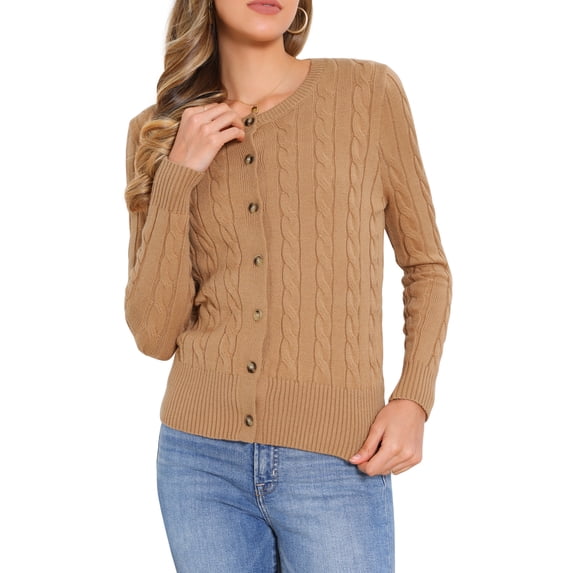 DARING DIVA Women's Cable Knit Button Down Long Sleeve Cardigan Sweater L Light Brown