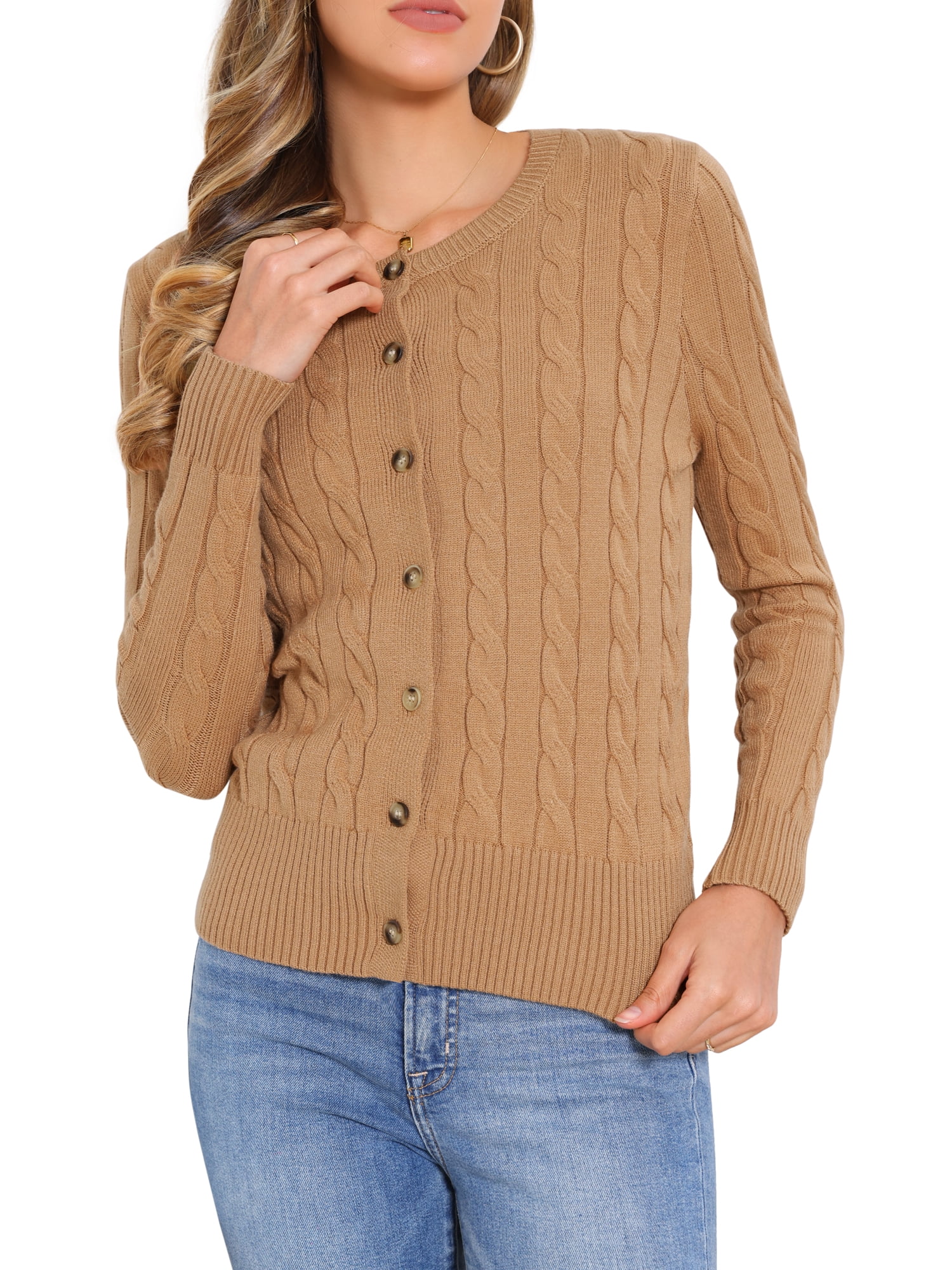 DARING DIVA Women's Cable Knit Button Down Long Sleeve Cardigan Sweater S Light Brown