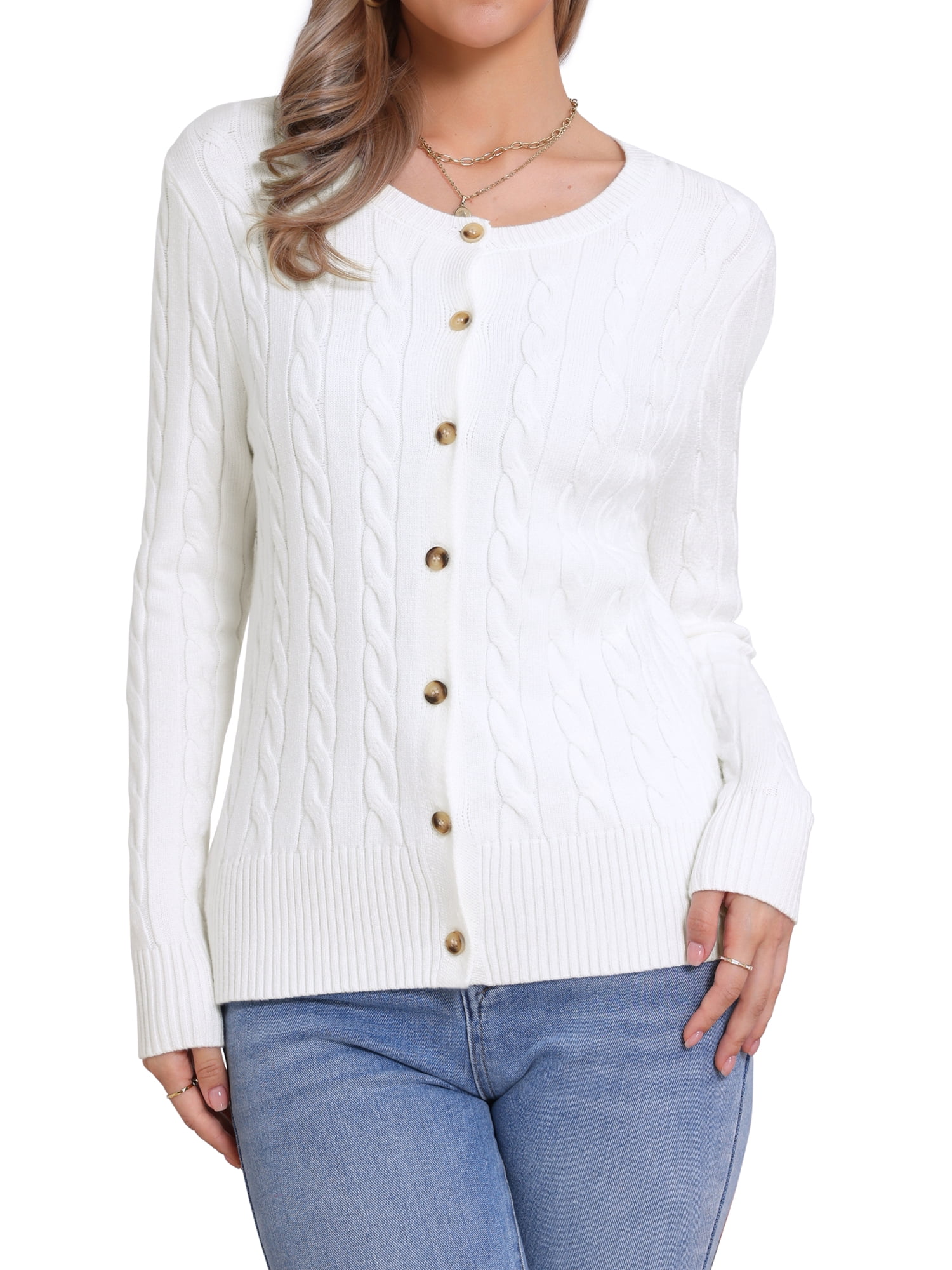 DARING DIVA Women's Cable Knit Button Down Long Sleeve Cardigan Sweater XL White