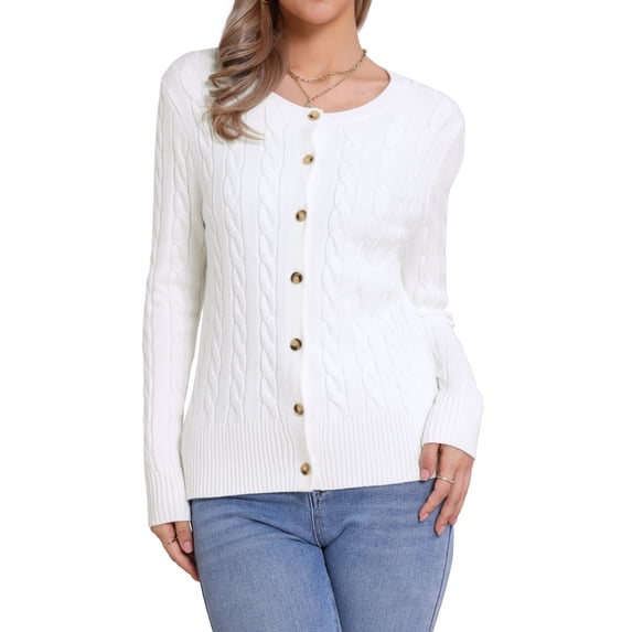 DARING DIVA Women's Cable Knit Button Down Long Sleeve Cardigan Sweater XS White