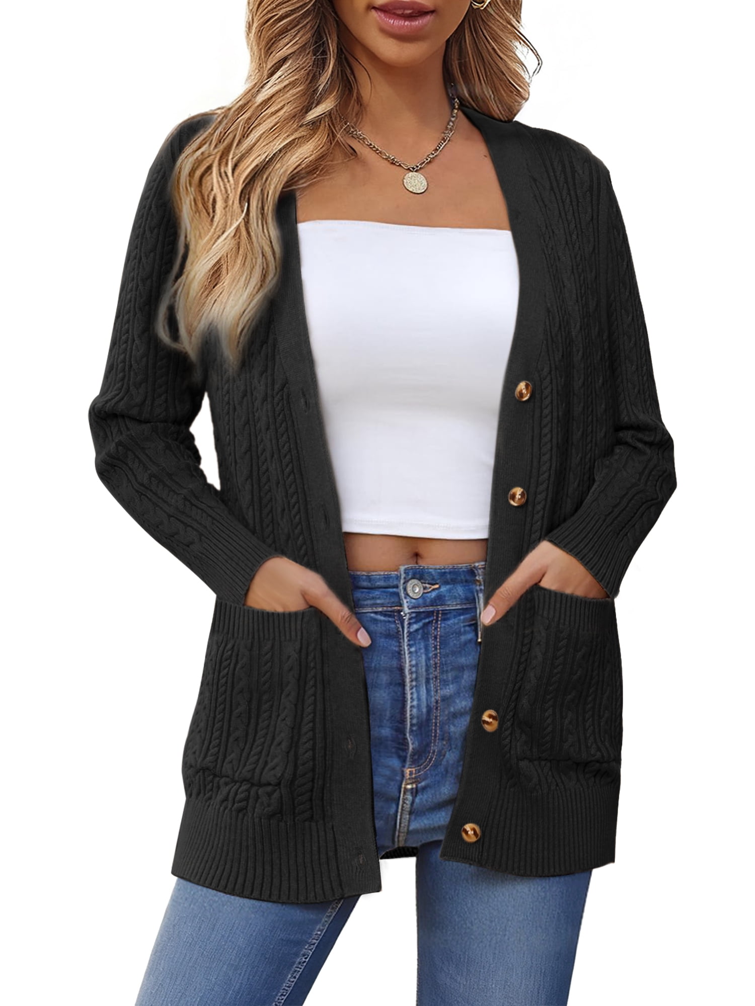 DARING DIVA Women's Cable Knit Button Up Long Sleeve Cardigan Sweaters L Black