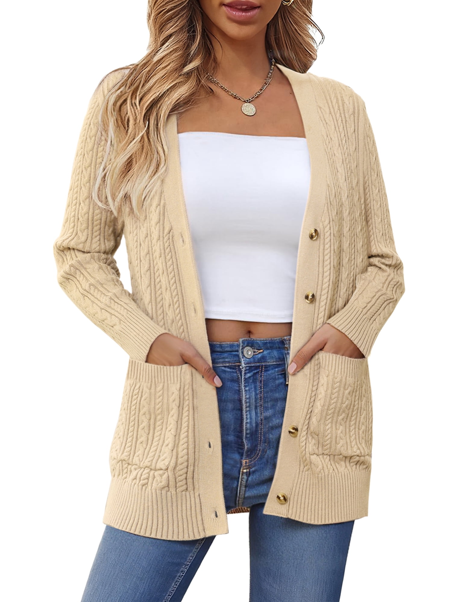 DARING DIVA Women's Cable Knit Button Up Long Sleeve Cardigan Sweaters L Dark Apricot
