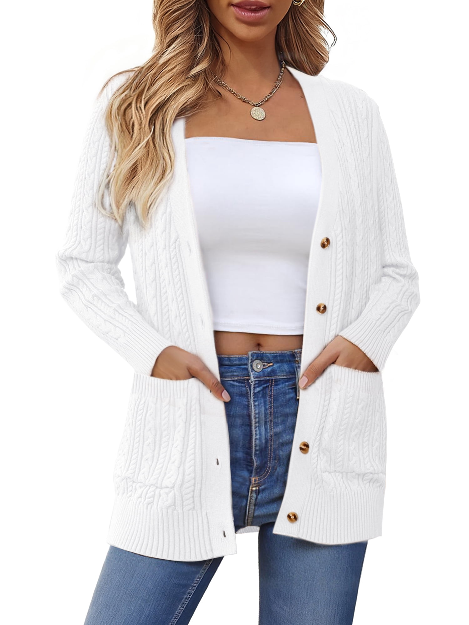 DARING DIVA Women's Cable Knit Button Up Long Sleeve Cardigan Sweaters XL White