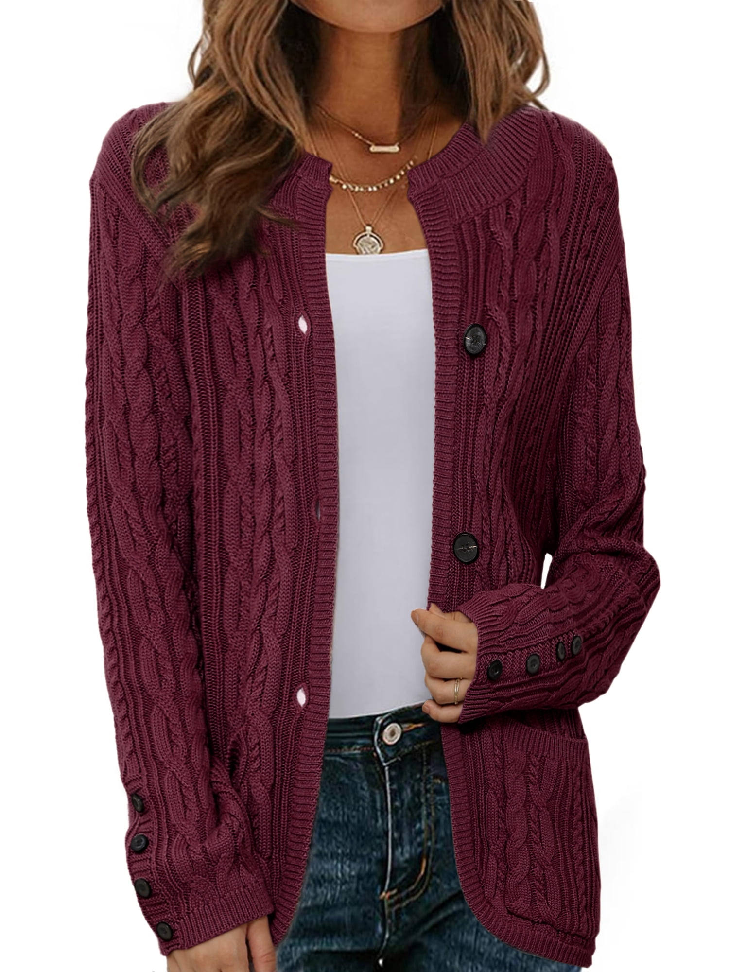 DARING DIVA Women's Cable Knit Open Front Button Up Cardigan Sweaters L Dark Red