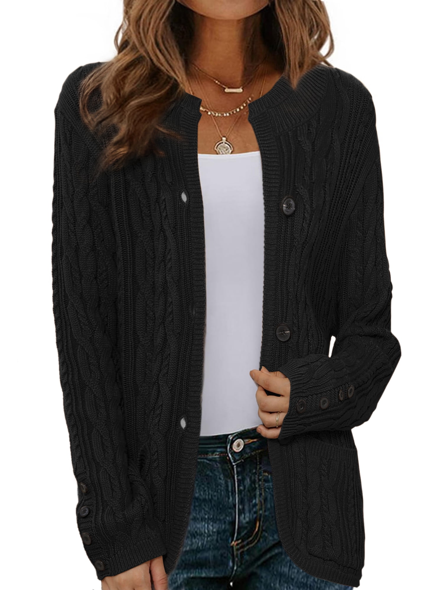 DARING DIVA Women's Cable Knit Open Front Button Up Cardigan Sweaters XL Black