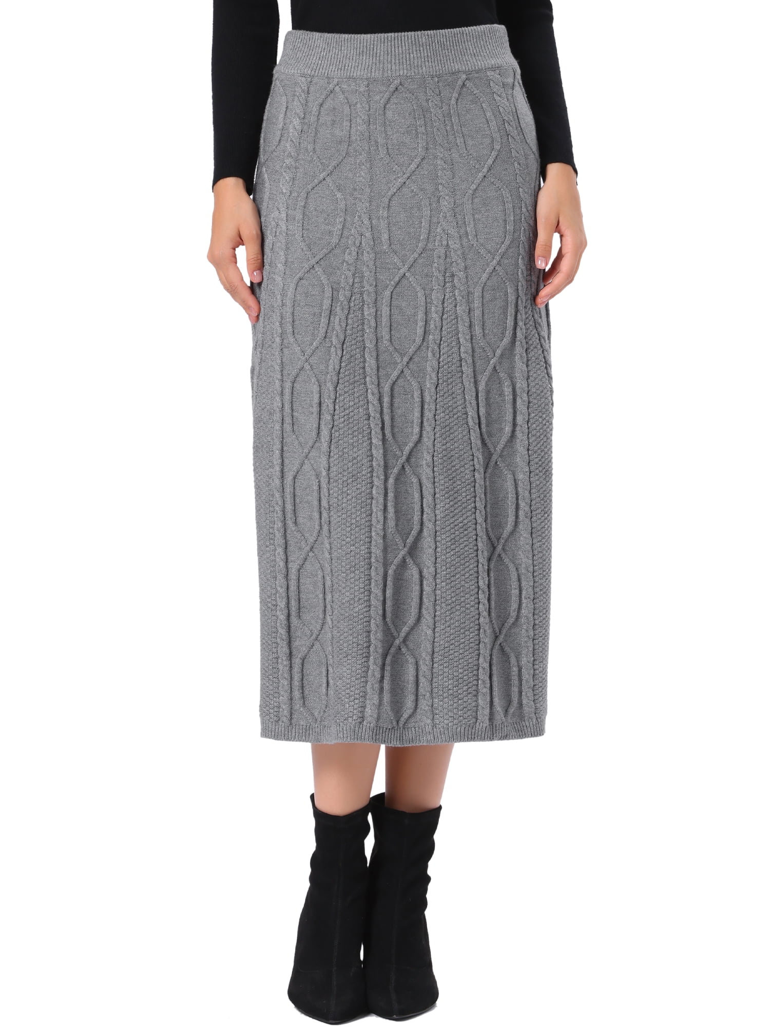 DARING DIVA Women's Cable Knit Sweater Skirt A-Line Ribbed Knit Midi Skirt M Gray