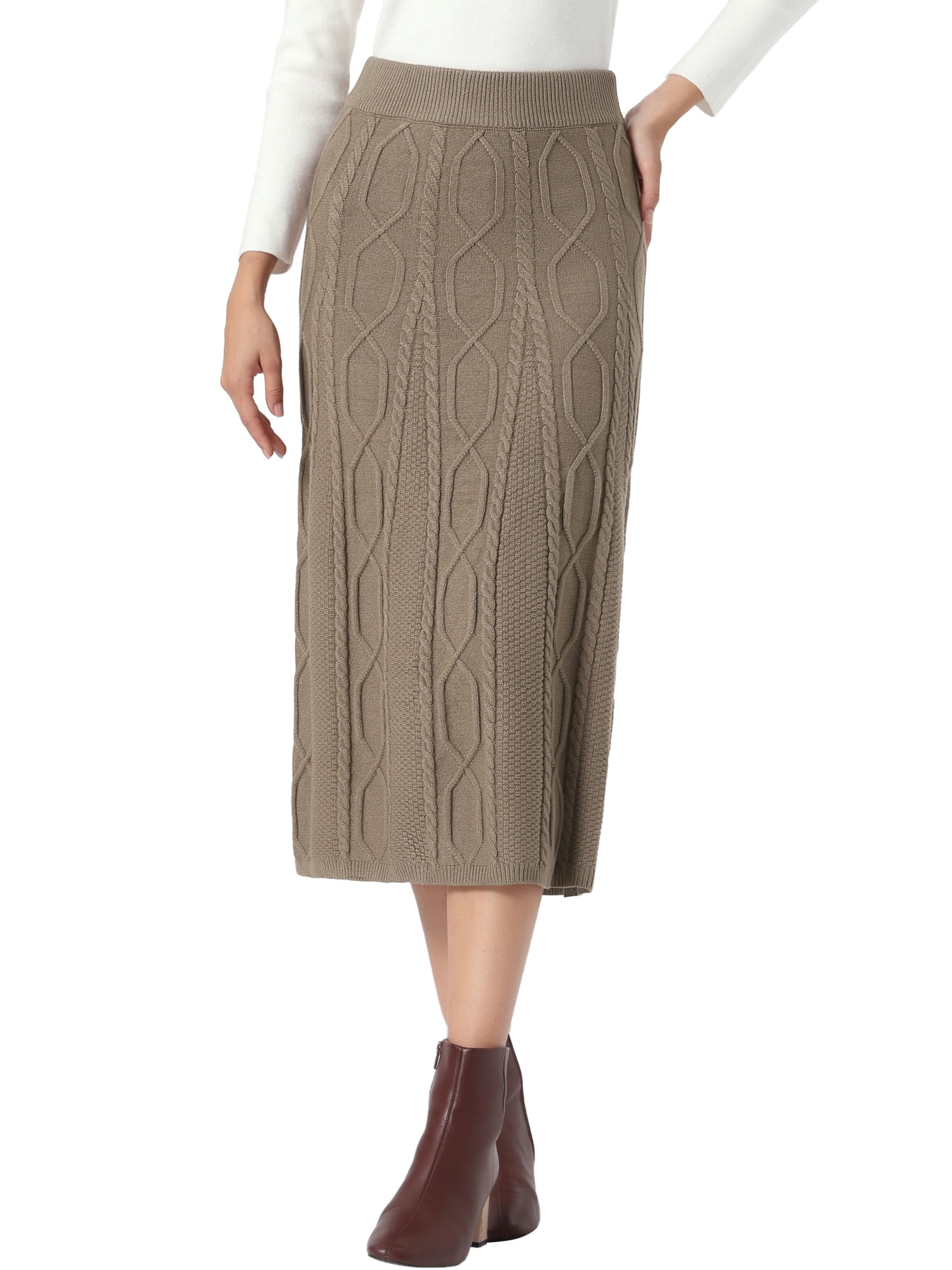 DARING DIVA Women's Cable Knit Sweater Skirt A-Line Ribbed Knit Midi Skirt XL Brown