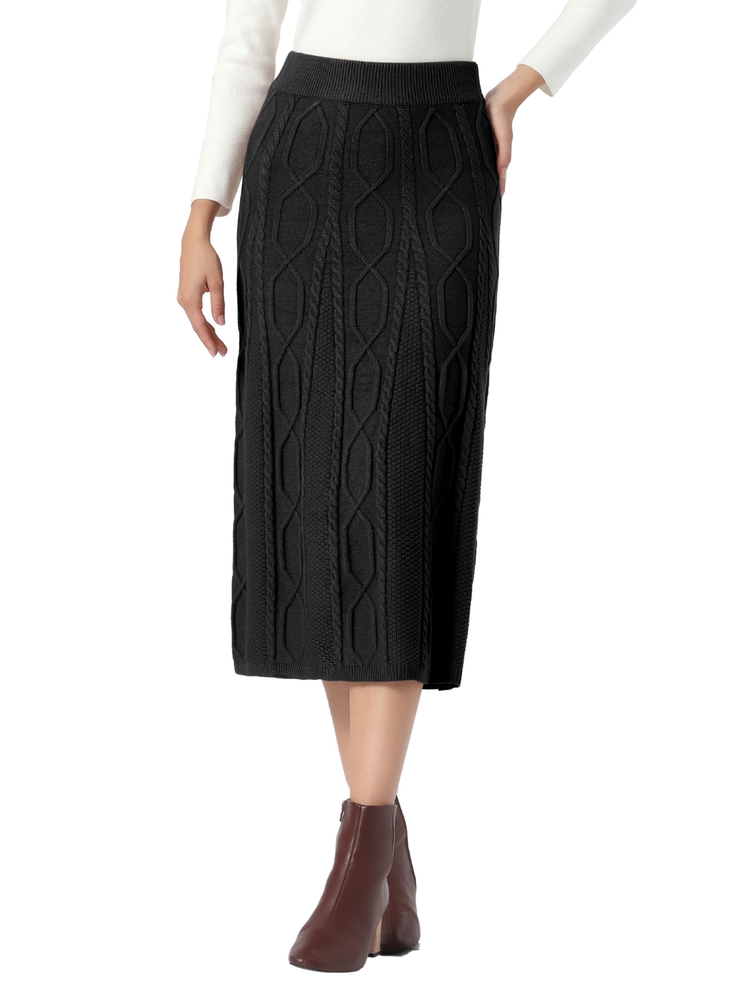 DARING DIVA Women's Cable Knit Sweater Skirt A-Line Ribbed Knit Midi Skirt XS Black