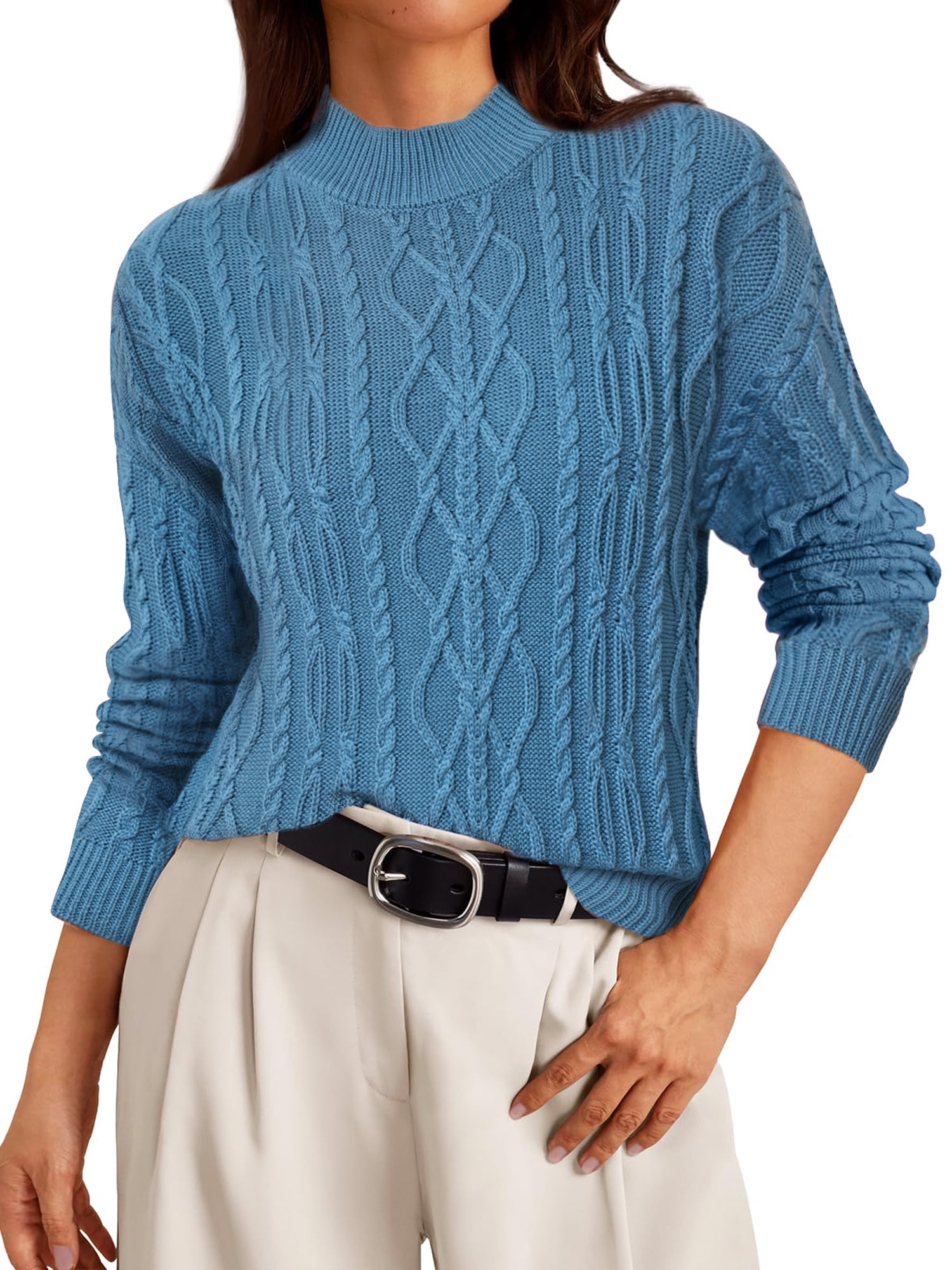 DARING DIVA Women's Cable Vintage Woven Crewneck Pullover Knitted Tops M Gray Blue
