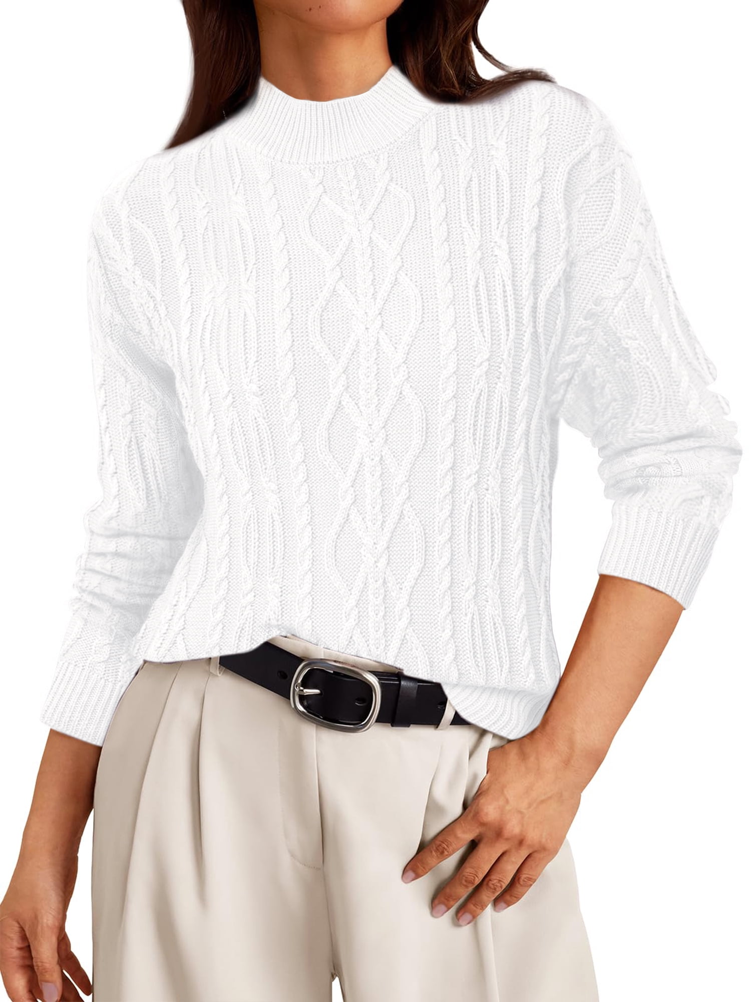 DARING DIVA Women's Cable Vintage Woven Crewneck Pullover Knitted Tops XL White