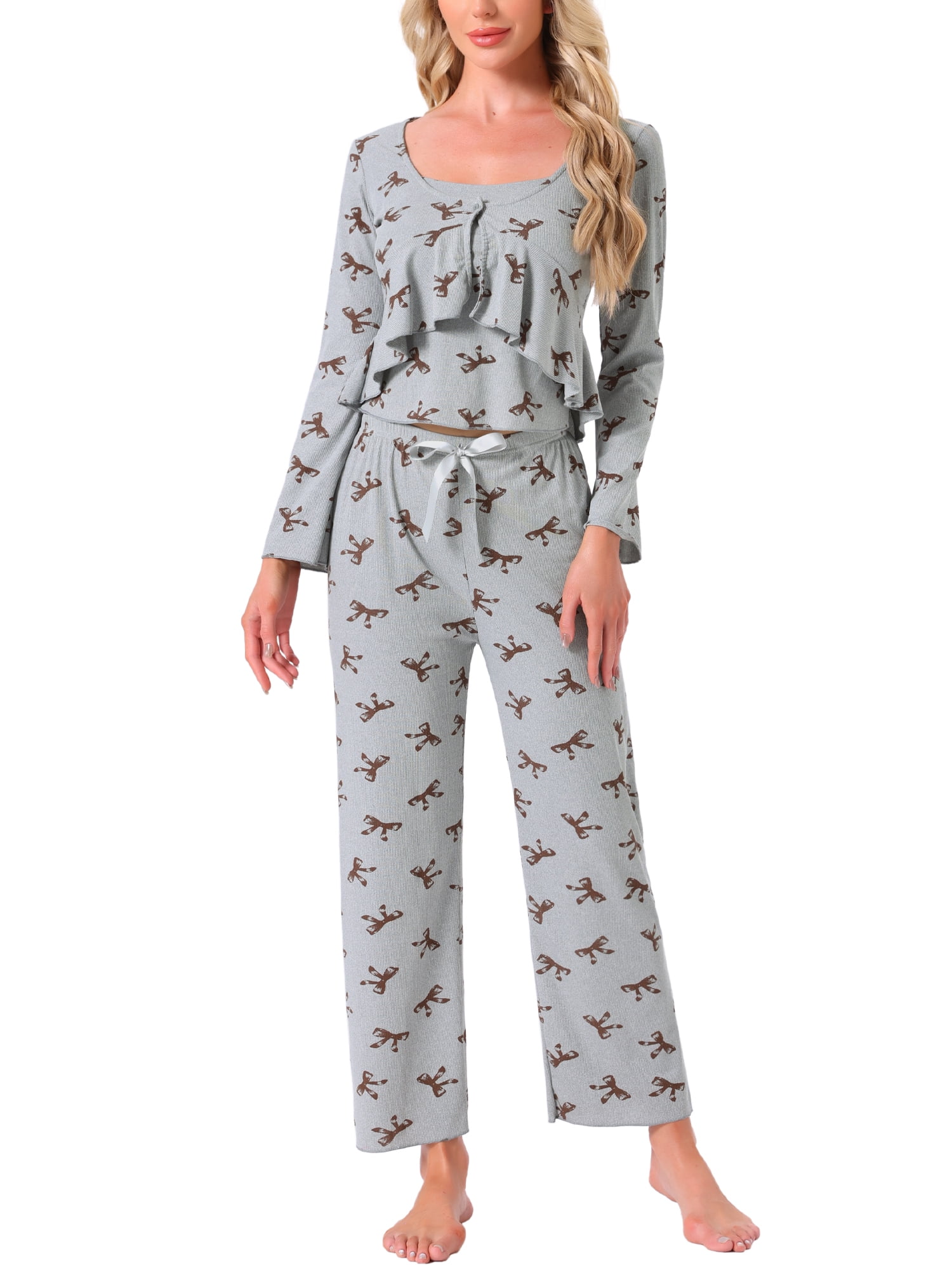 DARING DIVA Women's Cami Pajama Set Tank Top Long Pants Long Sleeve Cardigan XL Grey