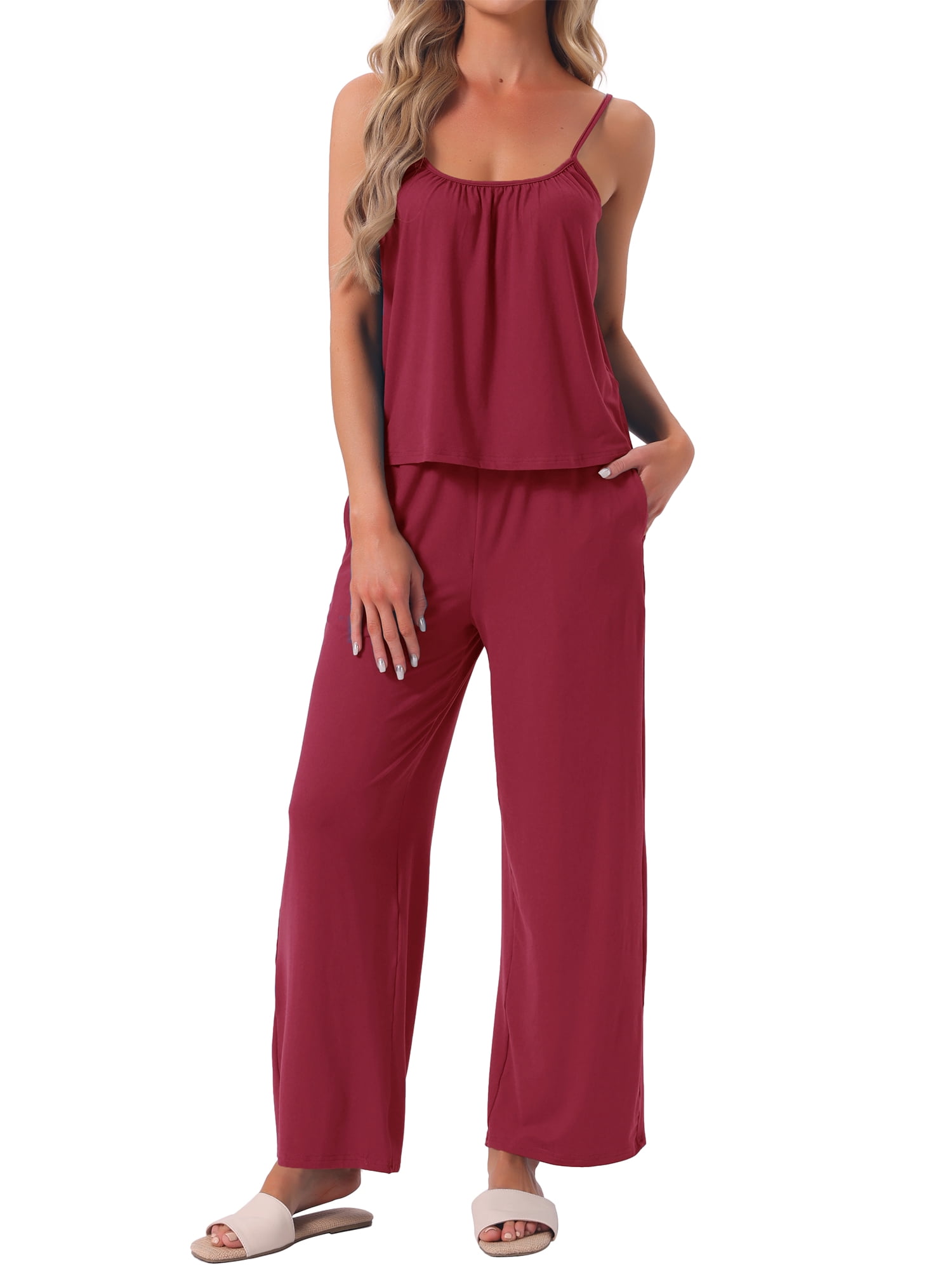 DARING DIVA Women's Cami Tank Top and Pants Pleated Pajama Sets with Pockets L Red