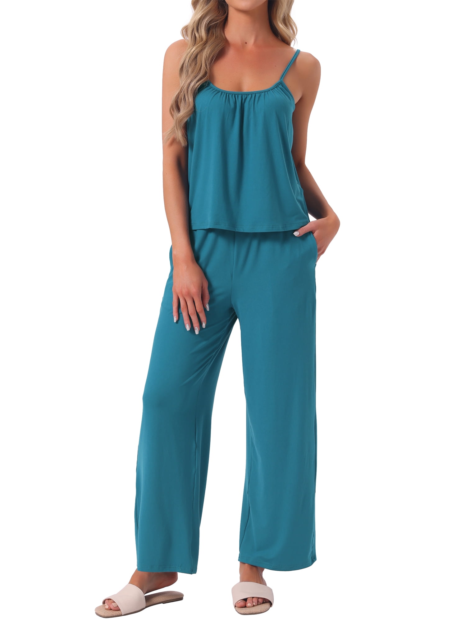 DARING DIVA Women's Cami Tank Top and Pants Pleated Pajama Sets with Pockets M Blue