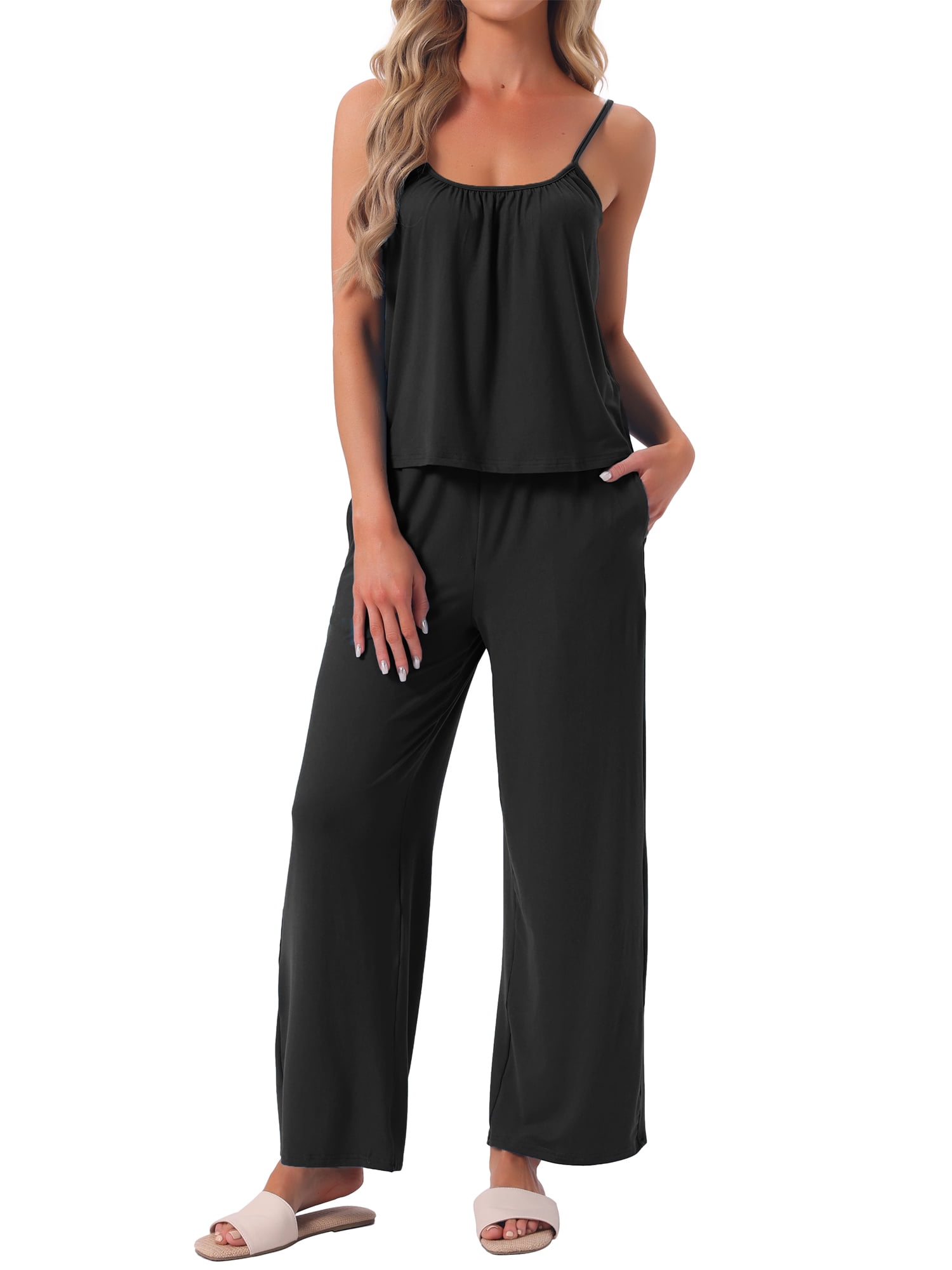 DARING DIVA Women's Cami Tank Top and Pants Pleated Pajama Sets with Pockets S Black