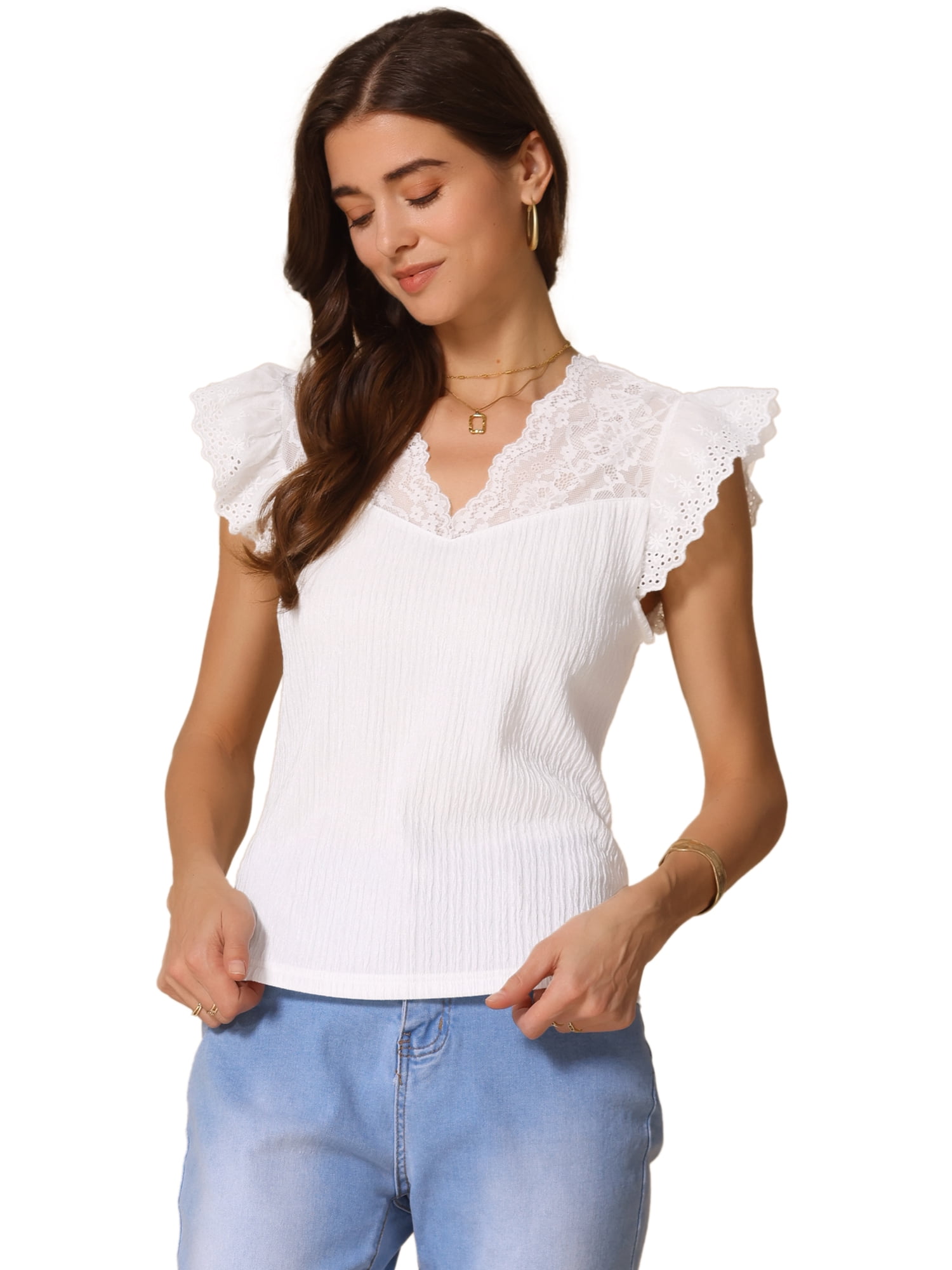 DARING DIVA Women's Cap Short Sleeve Basic Casual V Neck Blouse L White