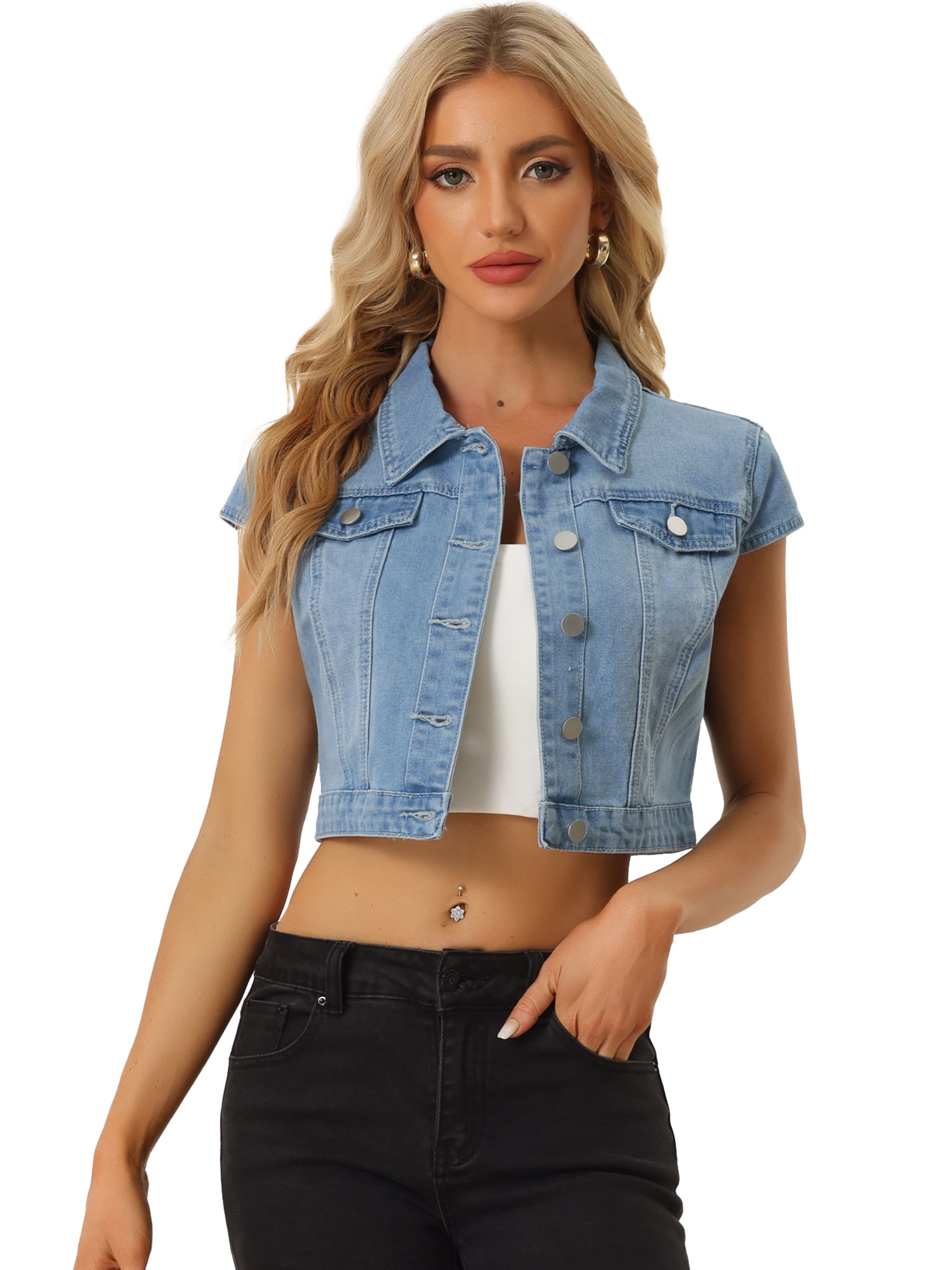 DARING DIVA Women's Cap Short Sleeve Cropped Denim Jacket L Light Blue