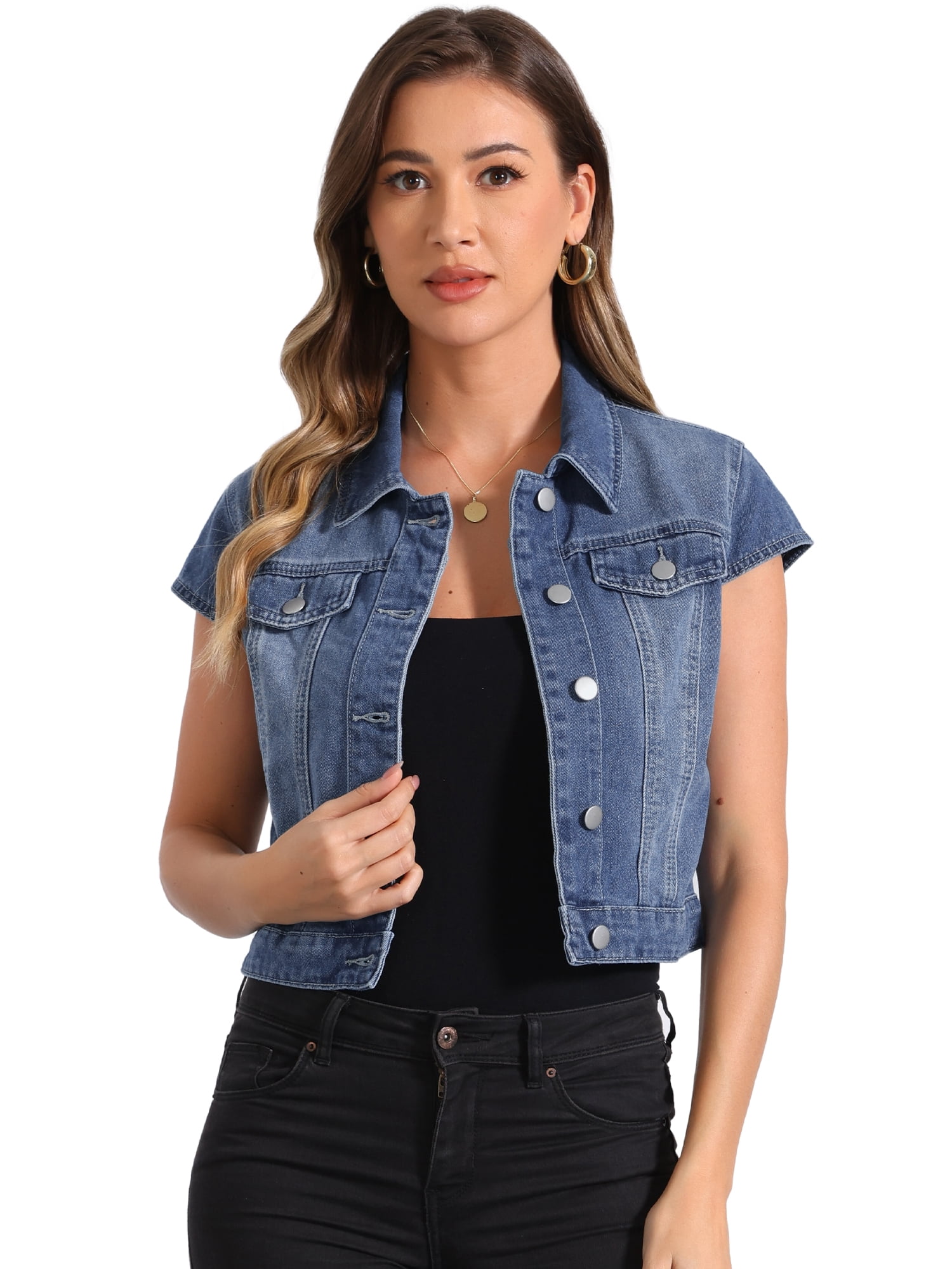 DARING DIVA Women's Cap Short Sleeve Cropped Denim Jacket S M-Blue