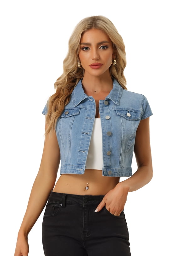 Women's Cap Short Sleeve Cropped Denim Jacket XS Light Blue