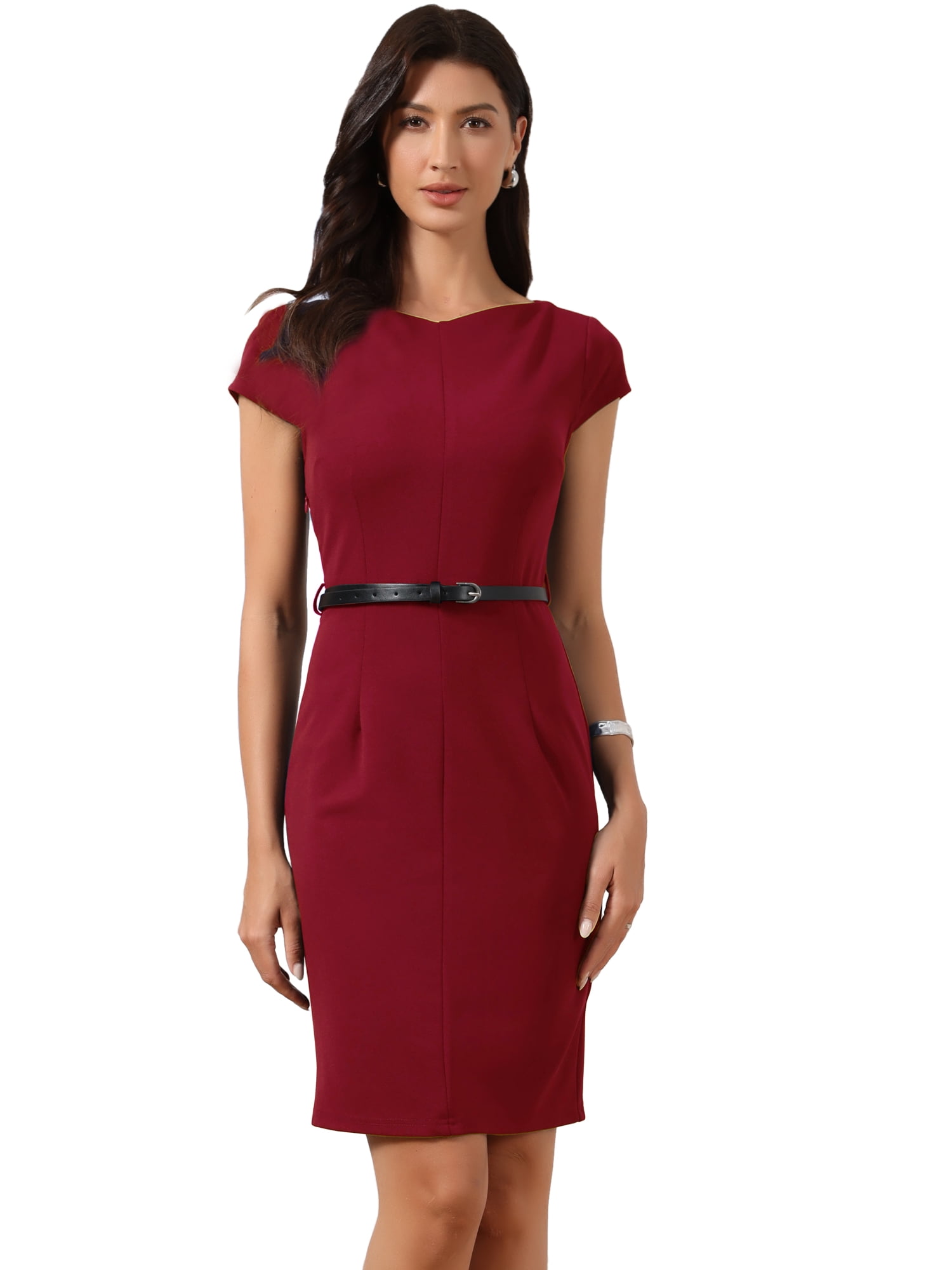 DARING DIVA Women's Cap Sleeve Belted Bodycon Sheath Work Office Dress L Red