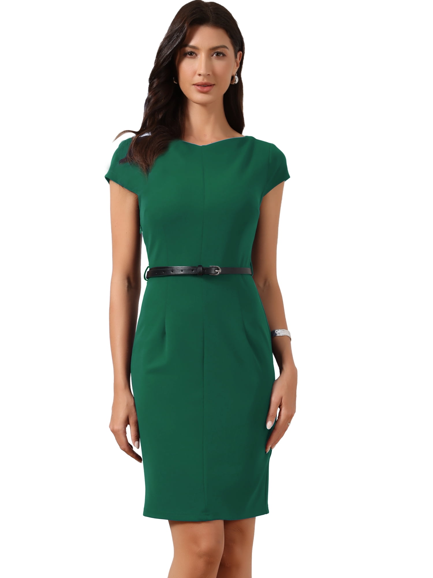 DARING DIVA Women's Cap Sleeve Belted Bodycon Sheath Work Office Dress M Green
