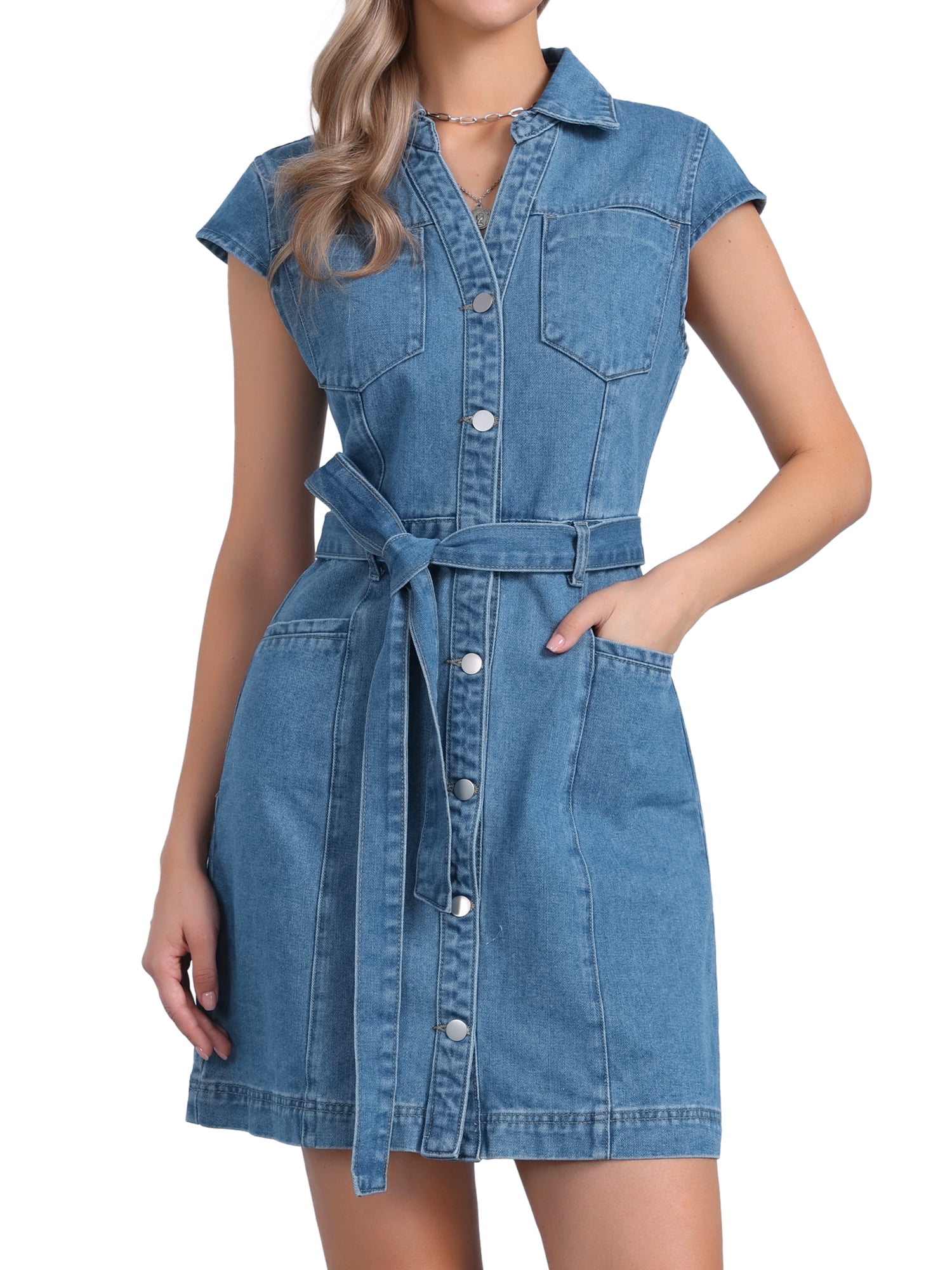 DARING DIVA Women's Cap Sleeve Belted Button Down V Neck Jean Shirt Dress M Light Blue