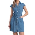 thumbnail image 1 of DARING DIVA Women's Cap Sleeve Belted Button Down V Neck Jean Shirt Dress M Light Blue, 1 of 6