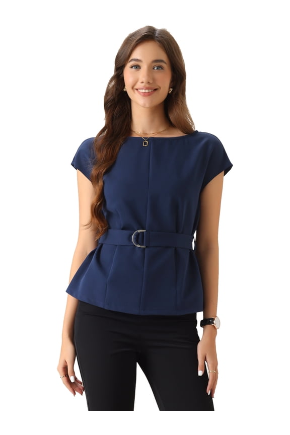 Women's Cap Sleeve Boat Neck Office Belted Peplum Top M Dark Blue