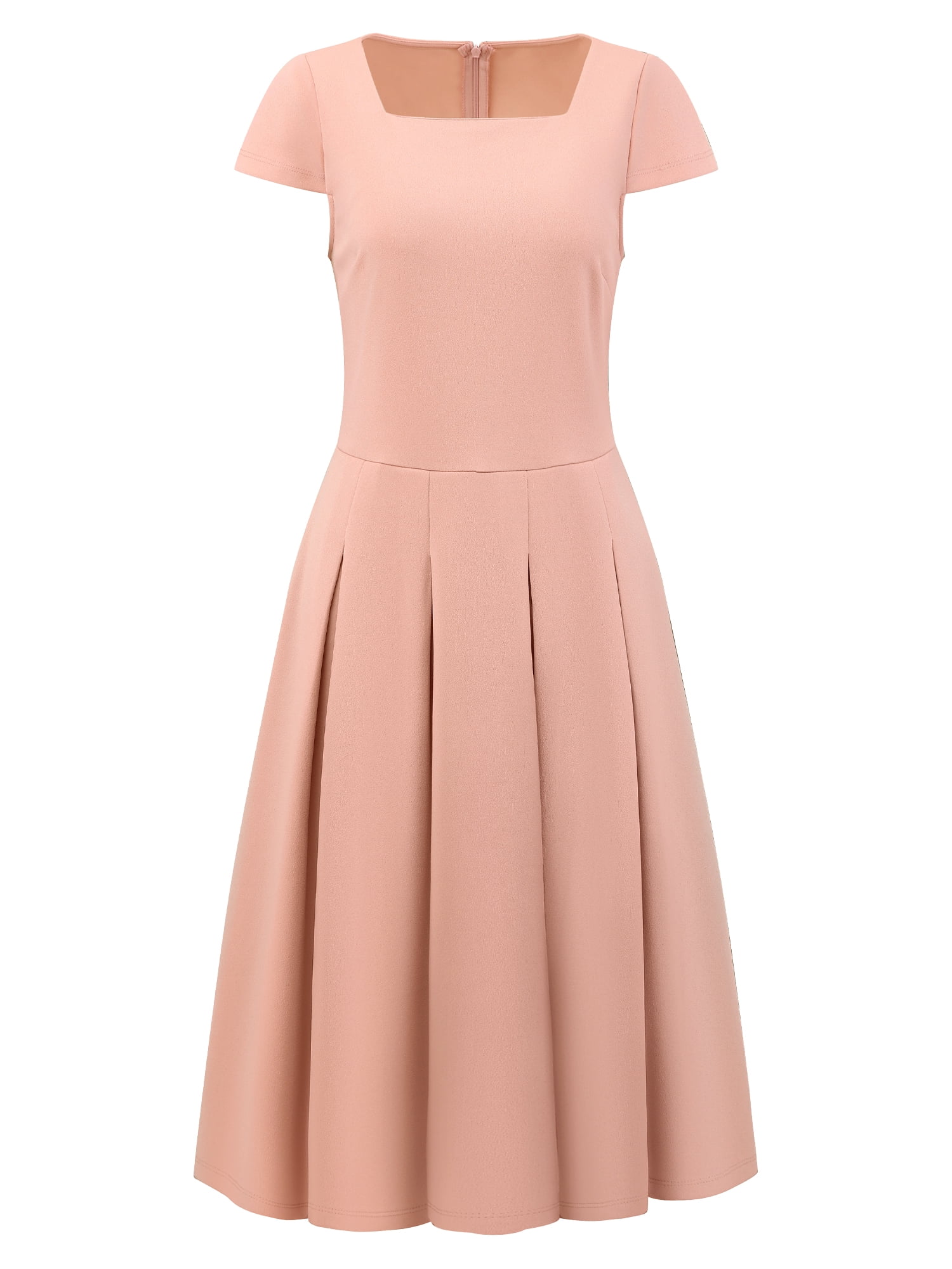 DARING DIVA Women's Cap Sleeve Flare Dress Square Neck Work Pleated Dresses L Pink