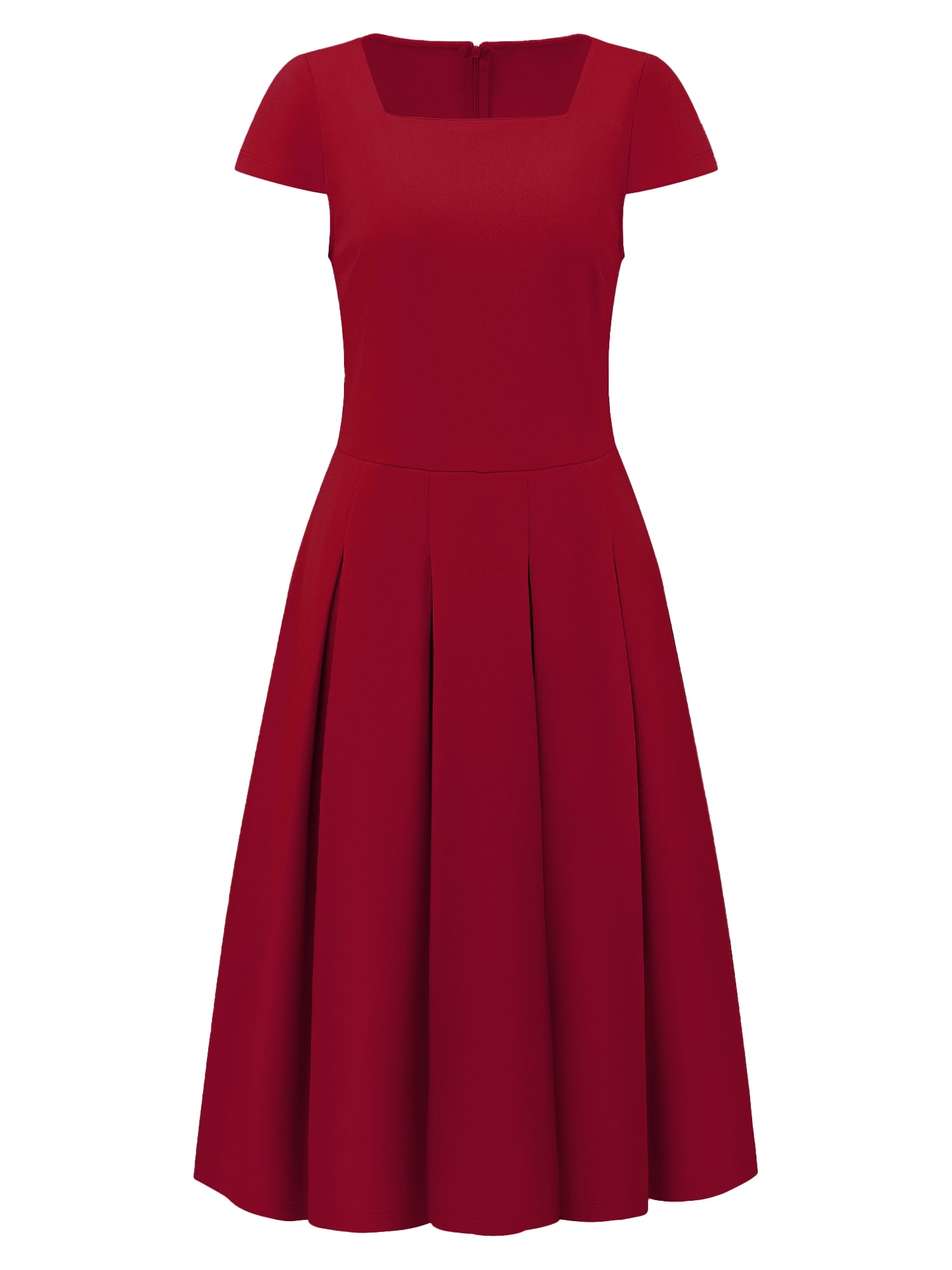 DARING DIVA Women's Cap Sleeve Flare Dress Square Neck Work Pleated Dresses XL Red
