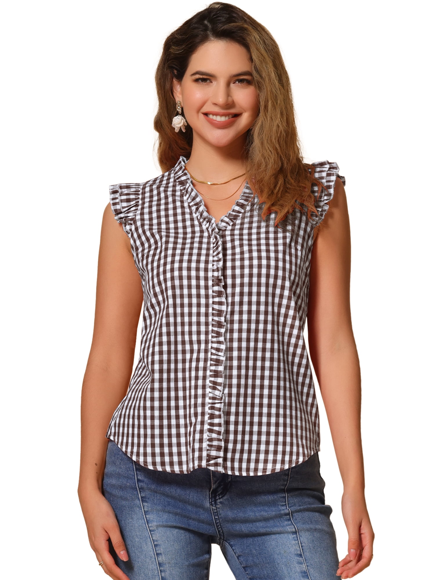 DARING DIVA Women's Cap Sleeve Plaid Gingham Ruffle Blouse L Brown