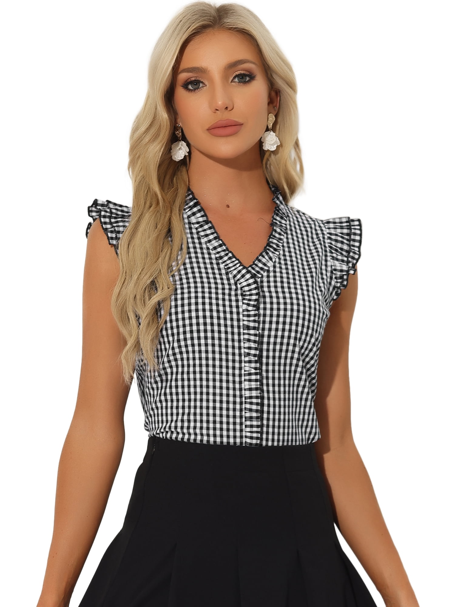 DARING DIVA Women's Cap Sleeve Plaid Gingham Ruffle Blouse XS Black