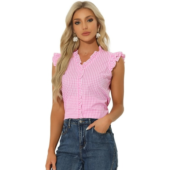 DARING DIVA Women's Cap Sleeve Plaid Gingham Ruffle Blouse XS Pink