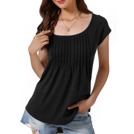 DARING DIVA Women's Cap Sleeve Pleated Round Neck Flowy Casual Blouses 2XL Black