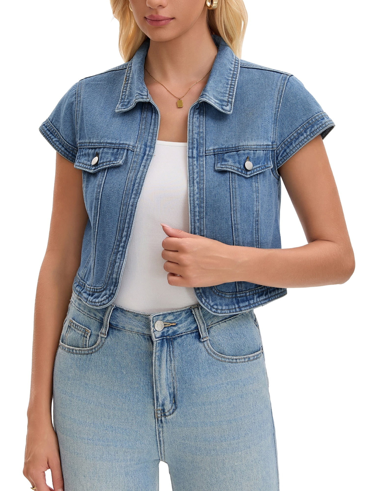 DARING DIVA Women's Cap Sleeve Shrug Collared Open Front Jean Jacket M Blue