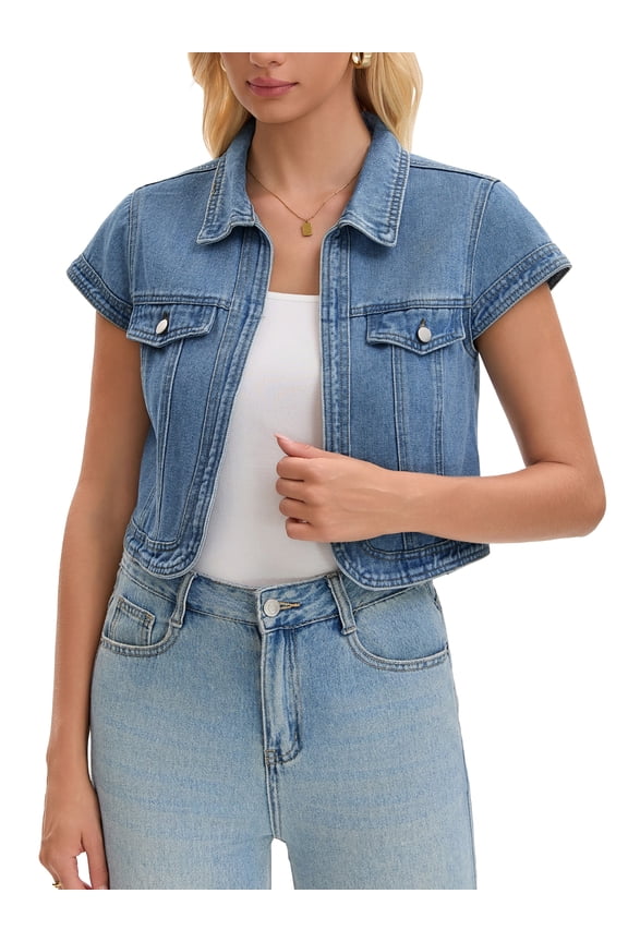 Women's Cap Sleeve Shrug Collared Open Front Jean Jacket M Blue