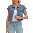 thumbnail image 1 of DARING DIVA Women's Cap Sleeve Shrug Collared Open Front Jean Jacket S Blue, 1 of 7