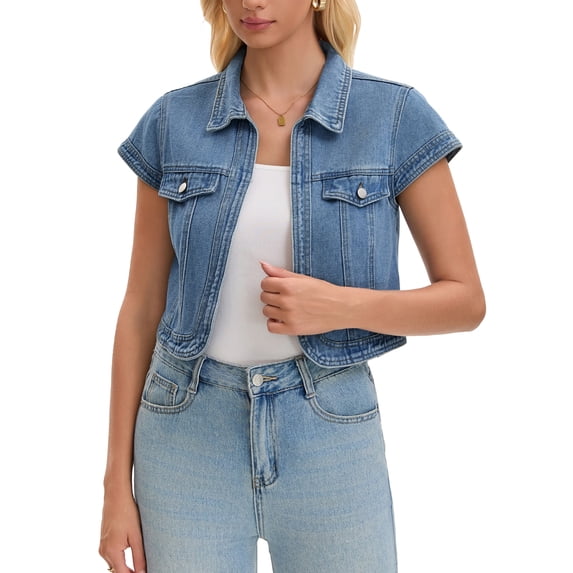 DARING DIVA Women's Cap Sleeve Shrug Collared Open Front Jean Jacket S Blue